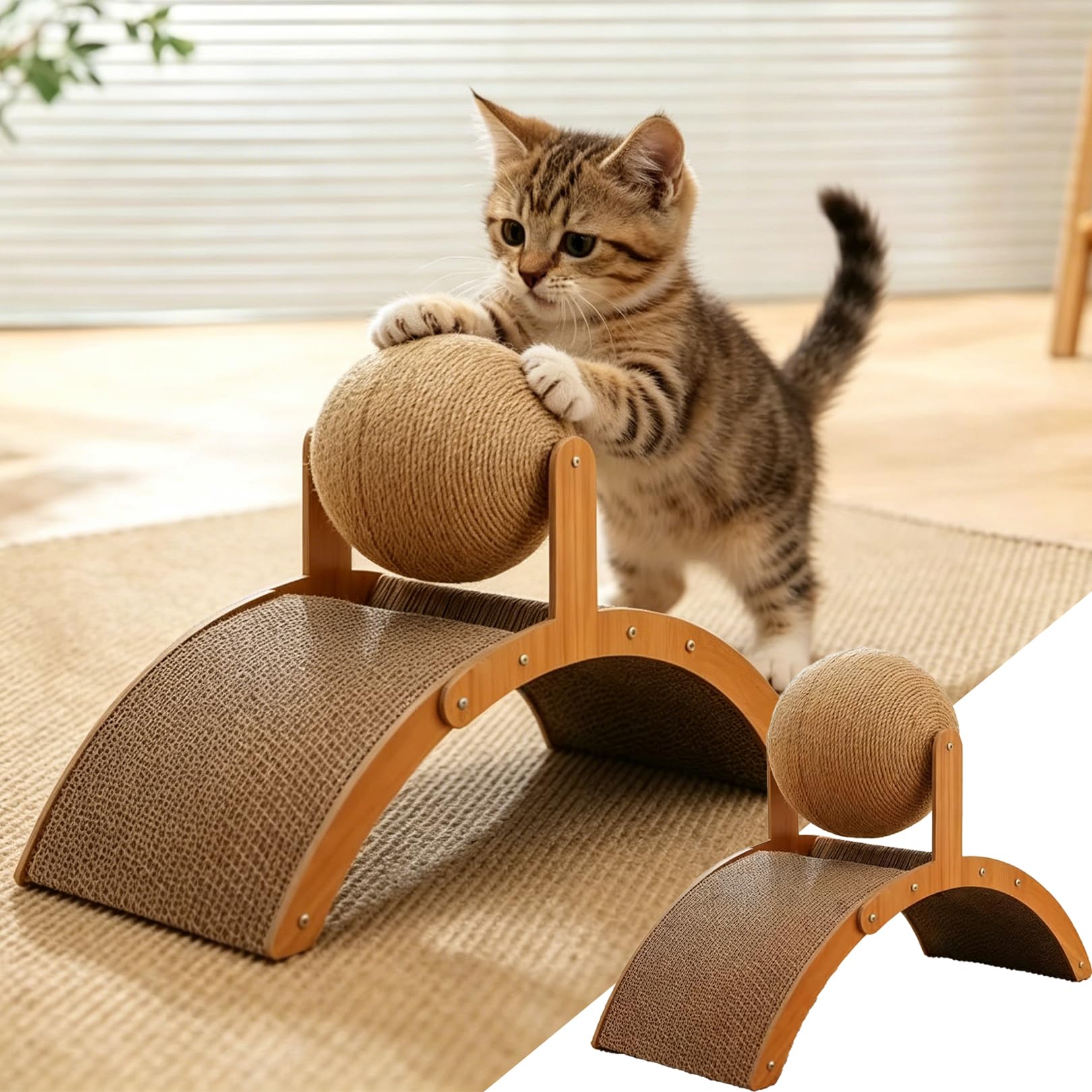 Cat Scratching Ball on Stand, Scratch Boards Cats with Arch Bridges & Ball, Slip-Resistant & Wear-Resistant, Sturdy and Durable, for Indoor Cats to Reduce Furniture Damage (Large)