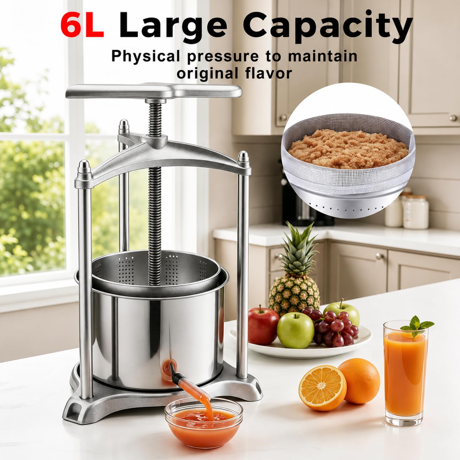 Presse à Fruits Manuelle 6 L, Pressoir à Jus en Acier Inoxydable | Base Triangulaire, Poignée en T et Panier Amovible pour Raisins, Pommes, Baies, Miel, Fromage, Herbes et Cidre