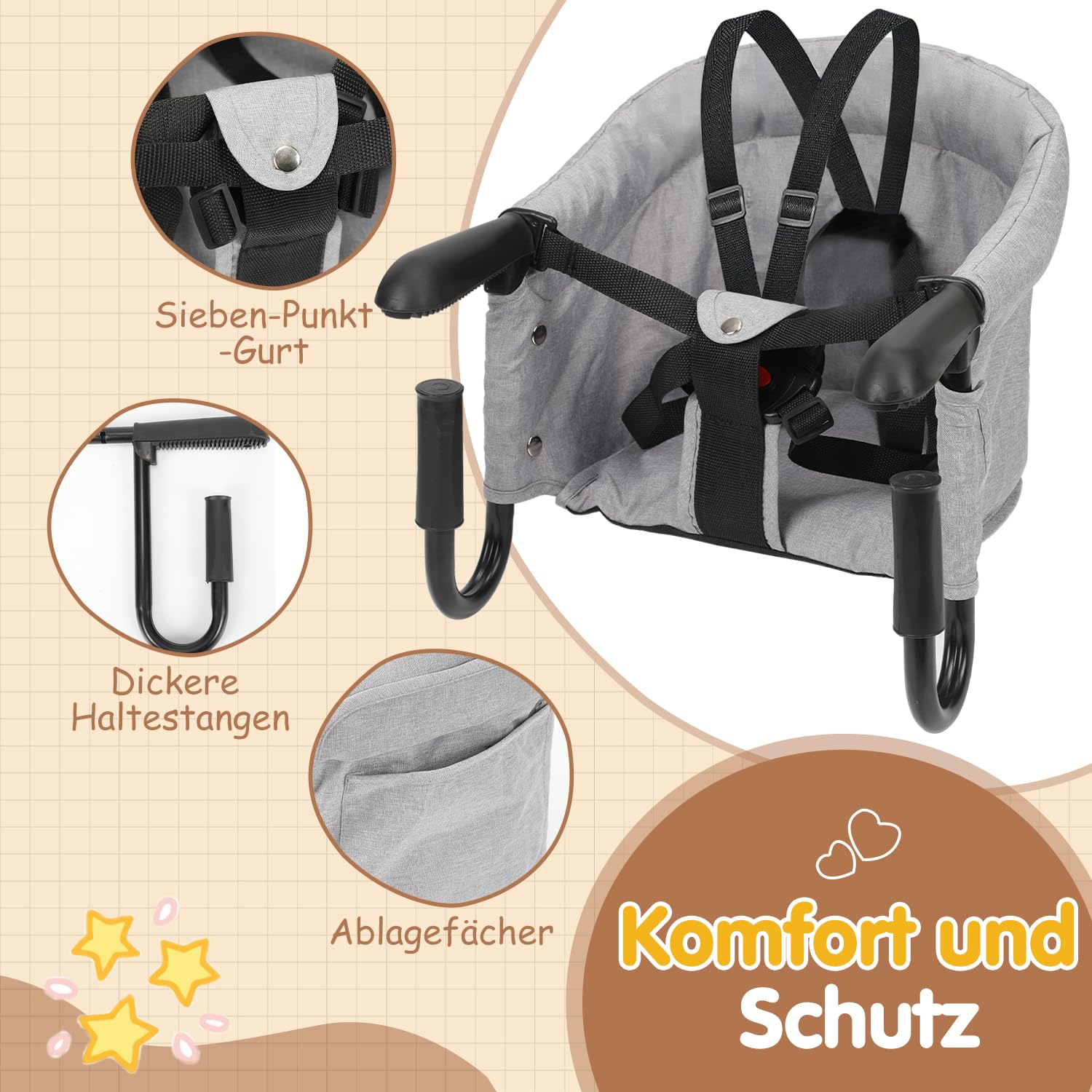 Tischsitz Baby, Faltbarer Kindersitz, mit Tragetasche | für zu Hause und unterwegs, Belastbarkeit 18kg, Grau