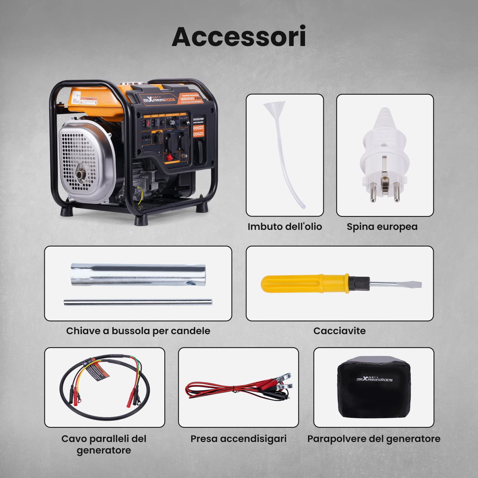 maXpeedingrods Generatore di Corrente Inverter 3200W Benzina 4 Tempi | con 2 Prese da 230 V Silenzioso e Leggero con Funzione Parallela come Unità di Emergenza per Garage Officina Cantiere