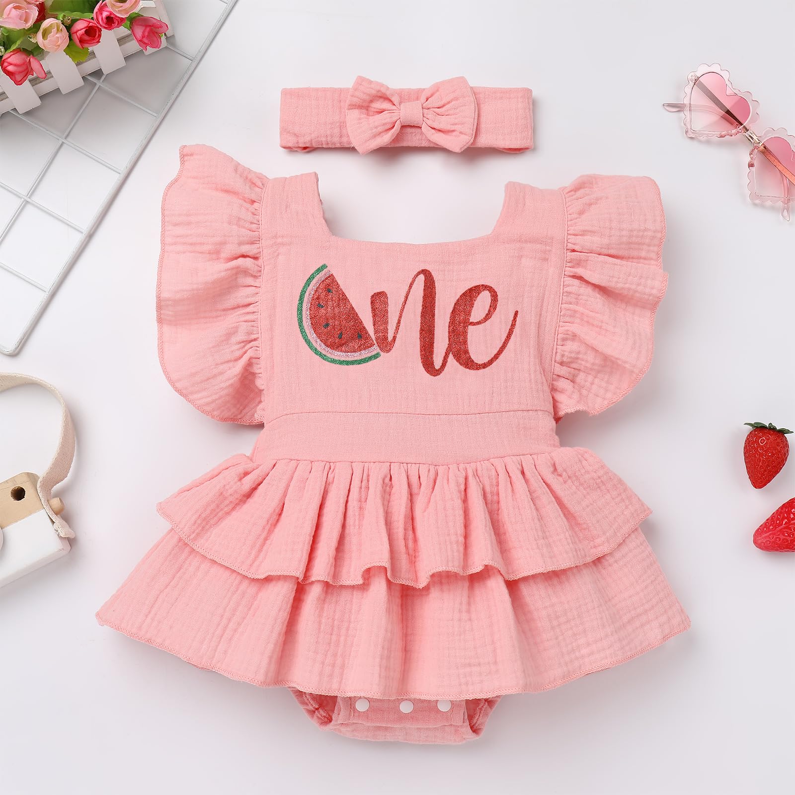 Baby Girls 1st Birthday Outfit Melon Print Ruffle Flutter Sleeve Square Neck Watermelon Princess Romper Dress with Headband First Cake Smash Clothes for Photo Shoot Pink Watermelon 12-18 Months