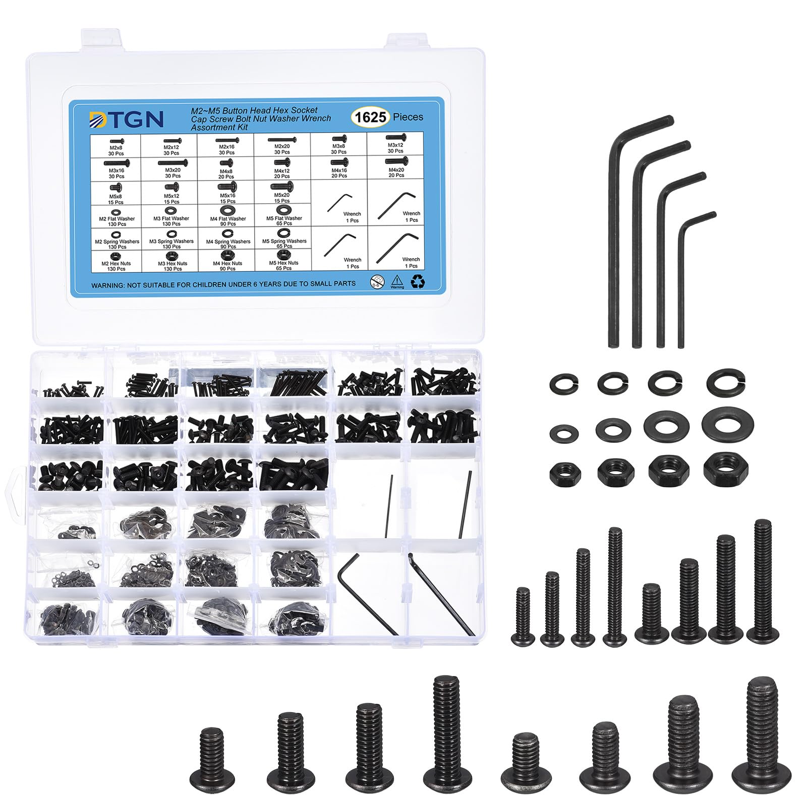 DTGN 1625Pcs M2/M3/M4/M5 Button Head Hex Socket Cap Screw, Bolt Nut Washer Wrench Assortment Kit Carbon Steel Black