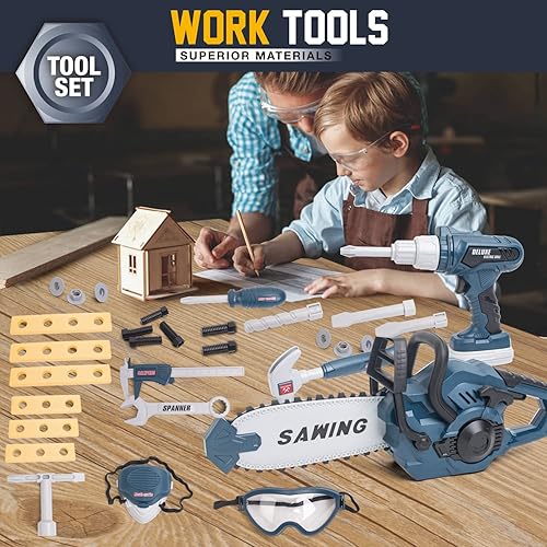 Miniatura 8 de Juego de herramientas para niños, motosierra y taladro de juguete electrónico con sonido, juegos de construcción para niños, juego de herramientas