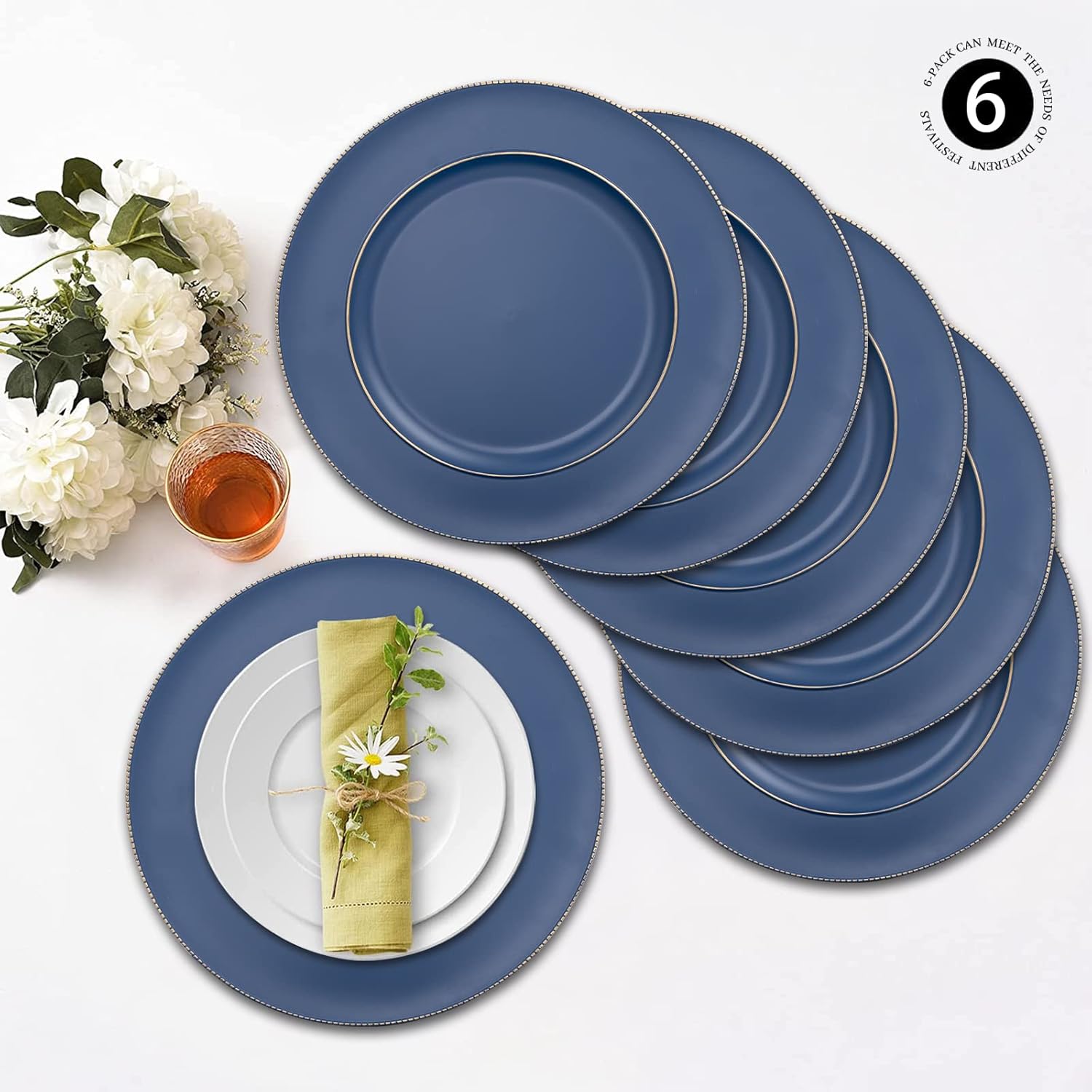 MAONAME Blue Charger Plates, 13" Plastic Round Charger for Dinner Plates, Plate Chargers Set of 6, Beaded Table Chargers for Wedding, Table Setting