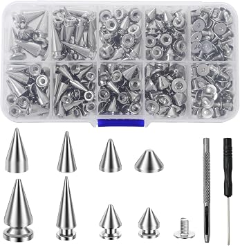 OKYMOTOR 359 PCS Punk Spikes and Studs Kit, 8 Sizes Cone Spikes Sizes Cone Spikes, Metal Tree Spikes Studs for Leathercraft, Punk Style Clothing Accessories DIY Craft Decoration