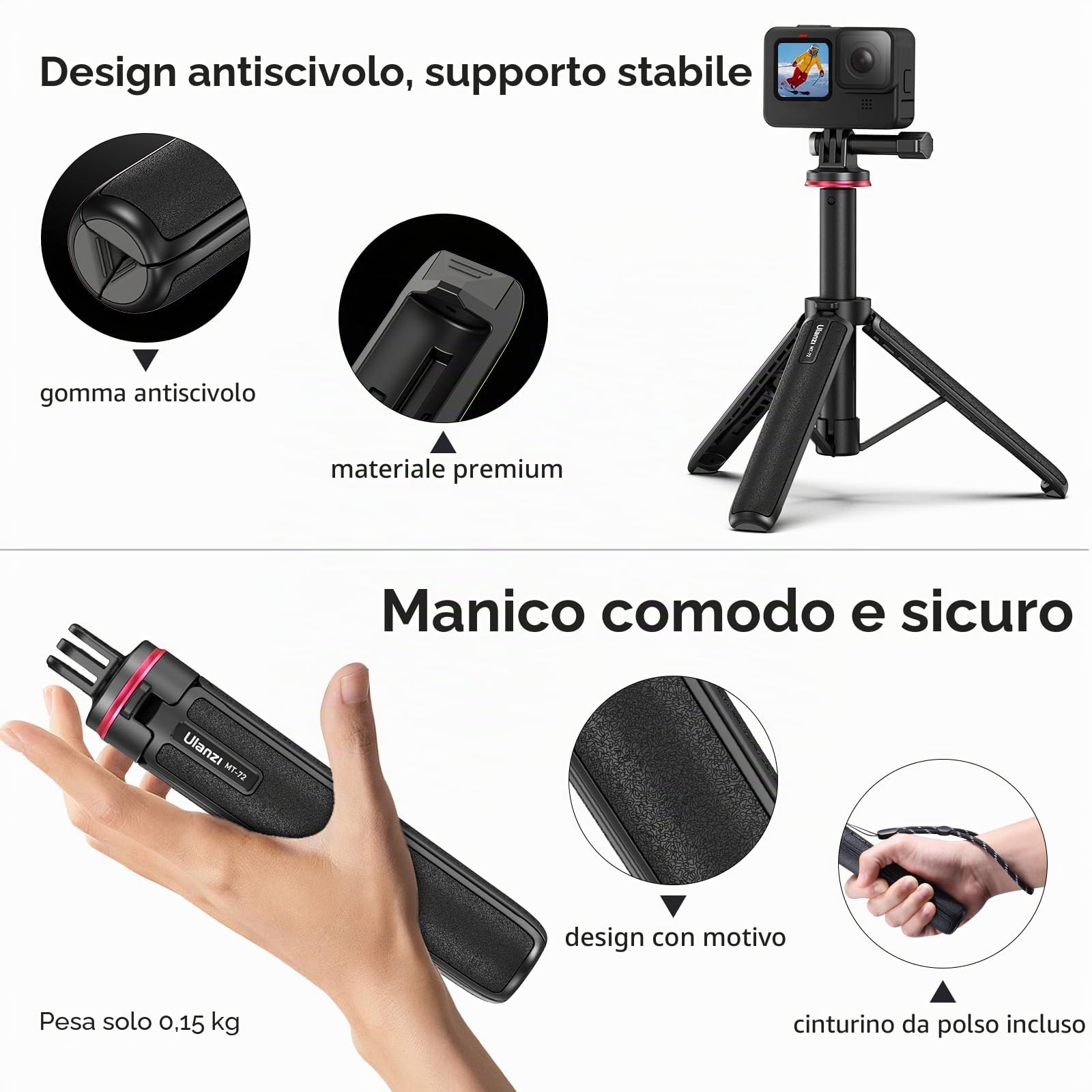 51CM Mini Treppiede per, ULANZI MT-72 Treppiede Portatile da Viaggio con Asta Di Estensione a 4 Pezzi, Mini Treppiede Selfie Stick per Dji Osmo Action Camera