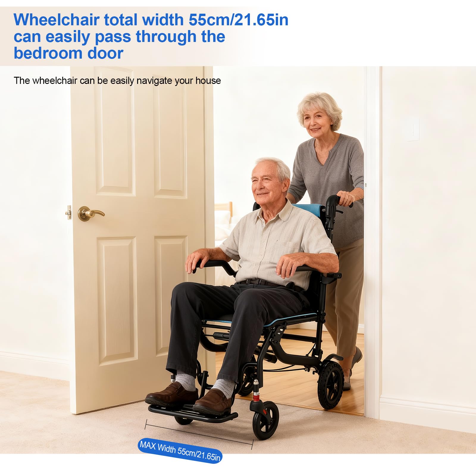 Fauteuil Roulant pliable léger, avec manche télescopique, Hauteur réglable,Poids 11kg, pliable, Holds 100kg, Largeur Max 55cm étroit pour les personnes âgées, Voyage