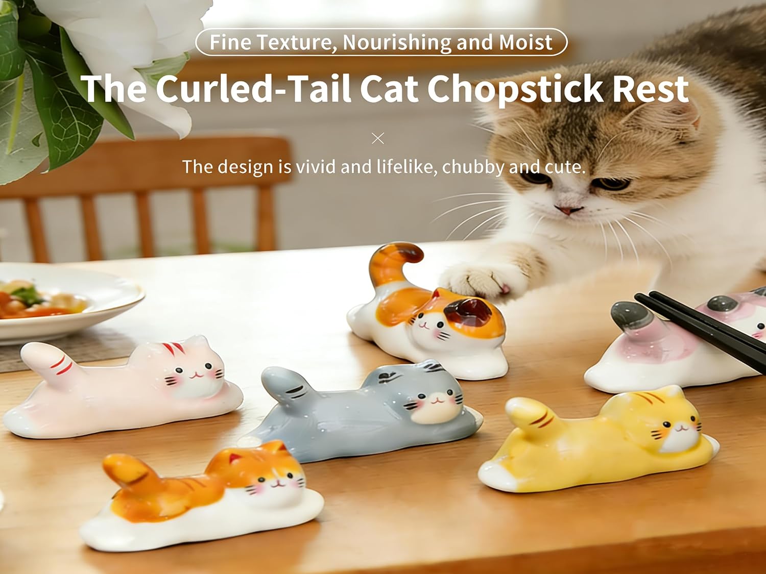 Japanese Sundries Ceramic Chopstick Holder Six-Piece Set, Animal Series Running Country Cat Design, Decorative Accent for Home & Taverns, Ideal Souvenir Gift