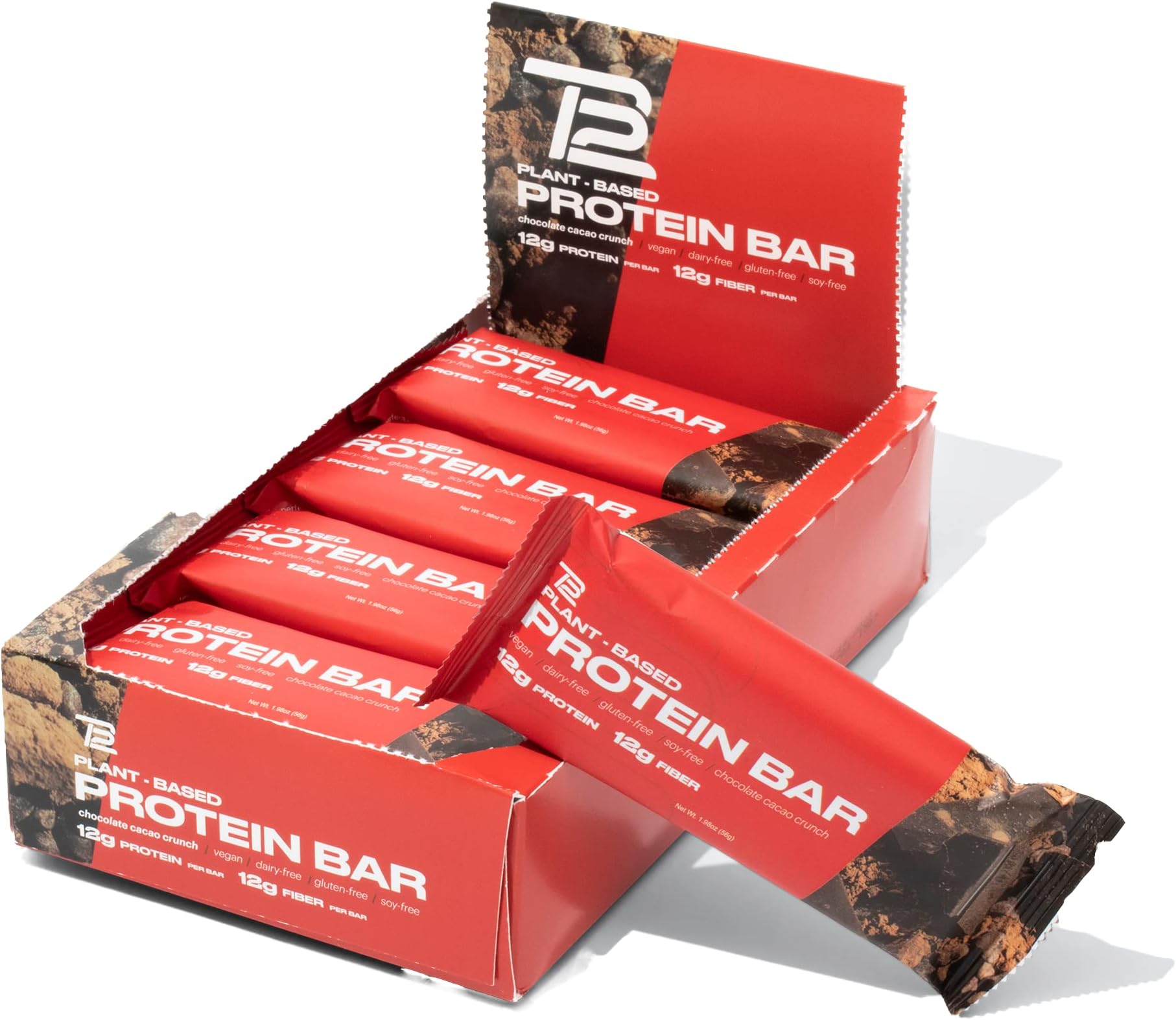 TB12 Plant Based Protein Bars by Tom Brady | High Protein, High Fiber, Low Sugar, Vegan, Gluten Free, Dairy Free, Non GMO, Healthy Protein Snacks | Made From All Natural Whole Foods with Antioxidants, Vitamins, and Minerals (Chocolate Cacao Crunch)