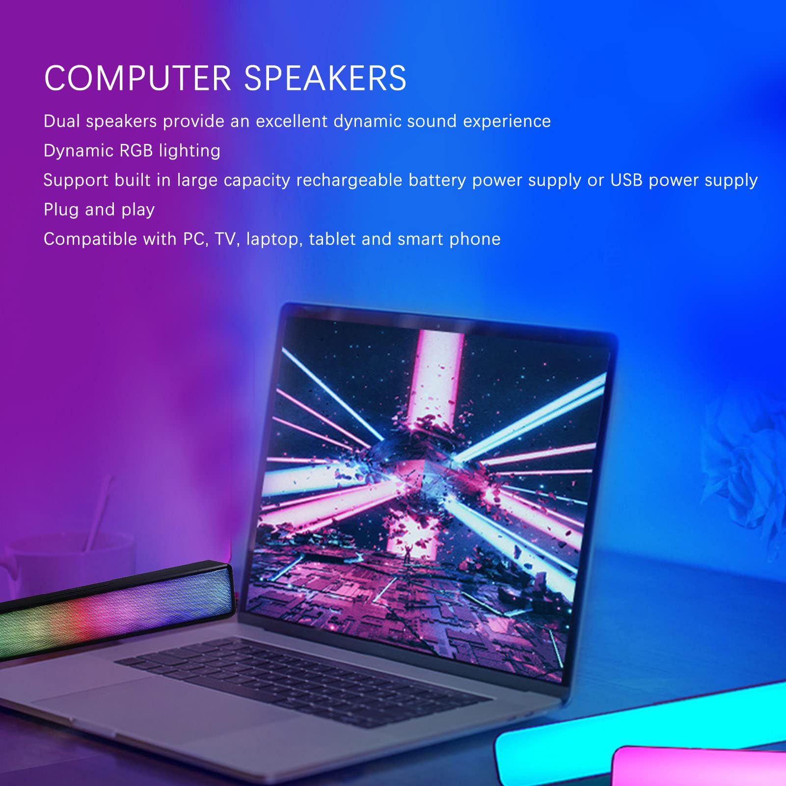 Głośnik Komputerowy, Bezprzewodowy Bluetooth 5.1 Ddynamic RGB Soundbar do Komputera Połączenie USB Głośnik Bezprzewodowy z Dwoma Głośnikami do Komputerów Stacjonarnych Laptopy