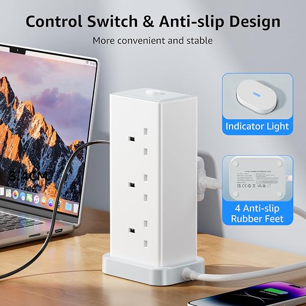 Tower Extension lead with USB Slots,6 Way (13A/3250W) Plug Extension Socket with 4 USB C & 4 USB A, Overload Protection Power Strip with Switch 1.8M Extension Cable for Office, Home, Kitchen - 4