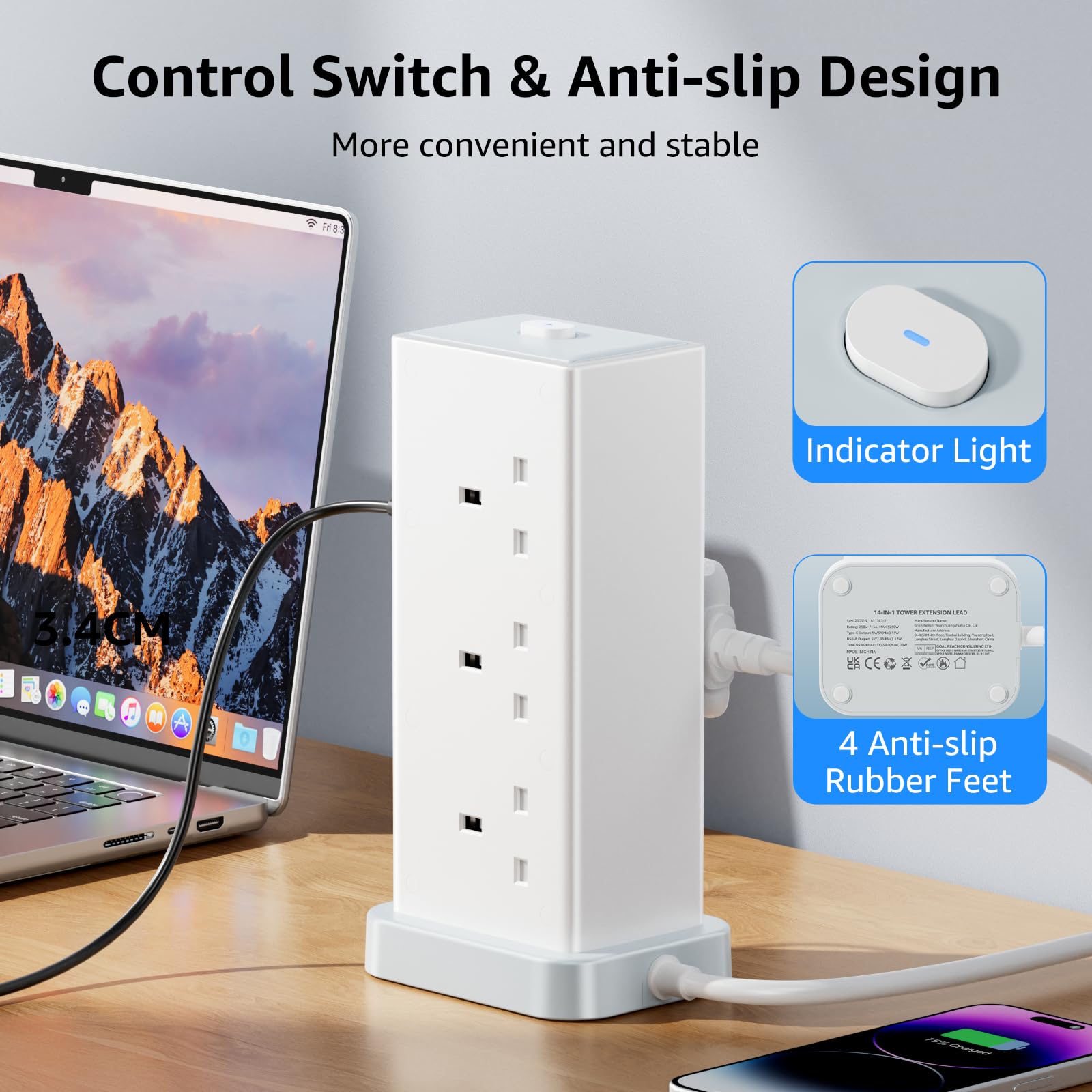 Tower Extension lead with USB Slots,6 Way (13A/3250W) Plug Extension Socket with 4 USB C & 4 USB A, Overload Protection Power Strip with Switch 1.8M Extension Cable for Office, Home, Kitchen — view 4