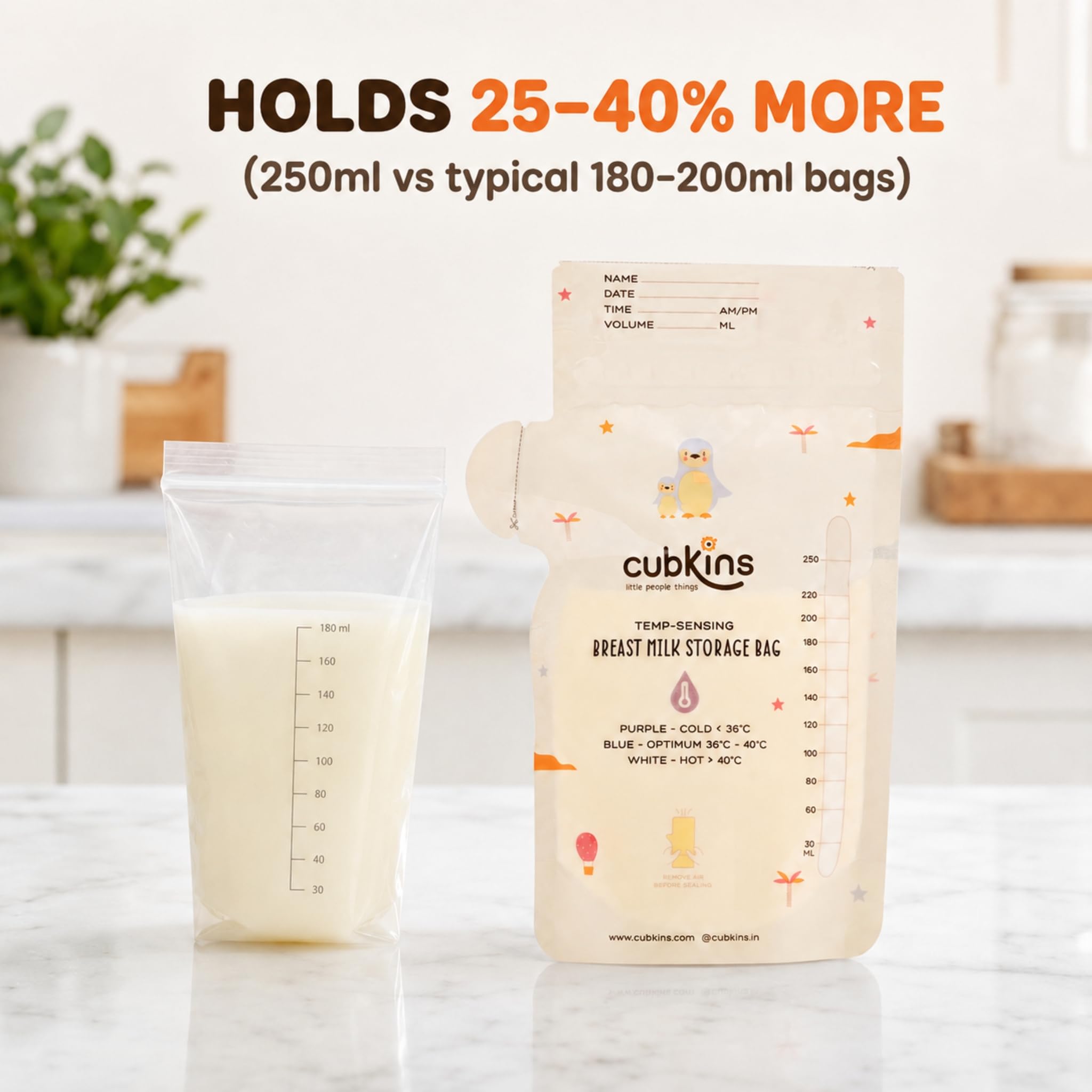 Cubkins Breast Milk Storage Bags 250ml (Pack of 50) | Smart Temperature Indicator | Pre-Sterilized, BPA Free | Leak Proof Double Zipper | One-Way Pour Spout | Self-Standing Freezer Bags with Marker 4