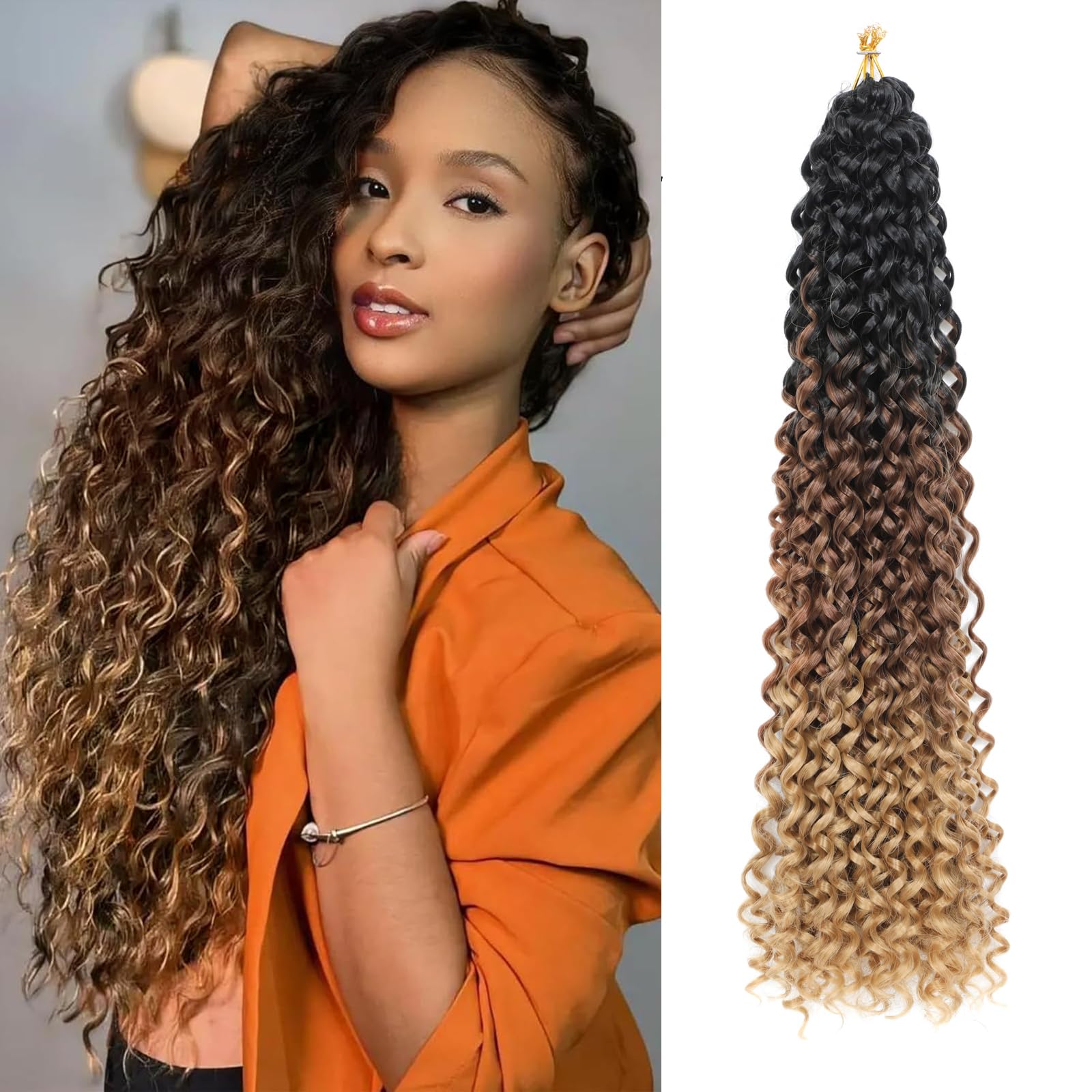 8 Packs GoGo Curl Crochet Hair 18 Inch Long Curly Crochet Hair for Women Beach Curl Water Wave Deep Twist Crochet Braids Synthetic Braiding Hair Extensions (1B/30/27#