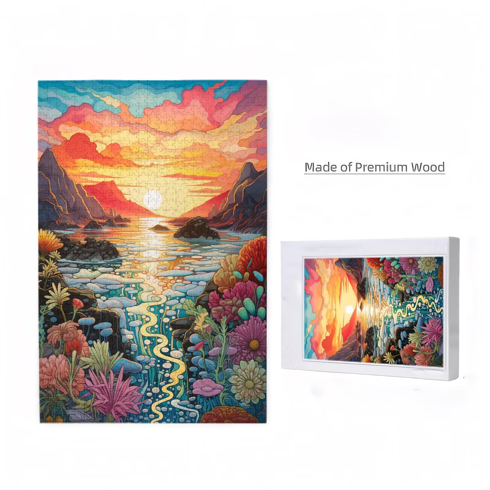 5000 sztuk puzzli dla dorosłych, kreatywne niemożliwe puzzle dla dorosłych początkujących, duża drewniana układanka z plakatem i pudełkiem do przechowywania, wystrój domu, motyw: zachód słońca i góry