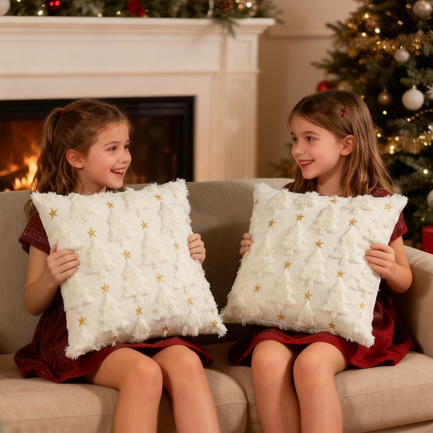 Artmag Christmas Pillow Covers 24 x 24 inch Set of 2 Cream White Christmas Tree Star Pillow Cases Soft Plush Faux Fur for Holiday Winter Home Coach Sofa Decorations - Image 5