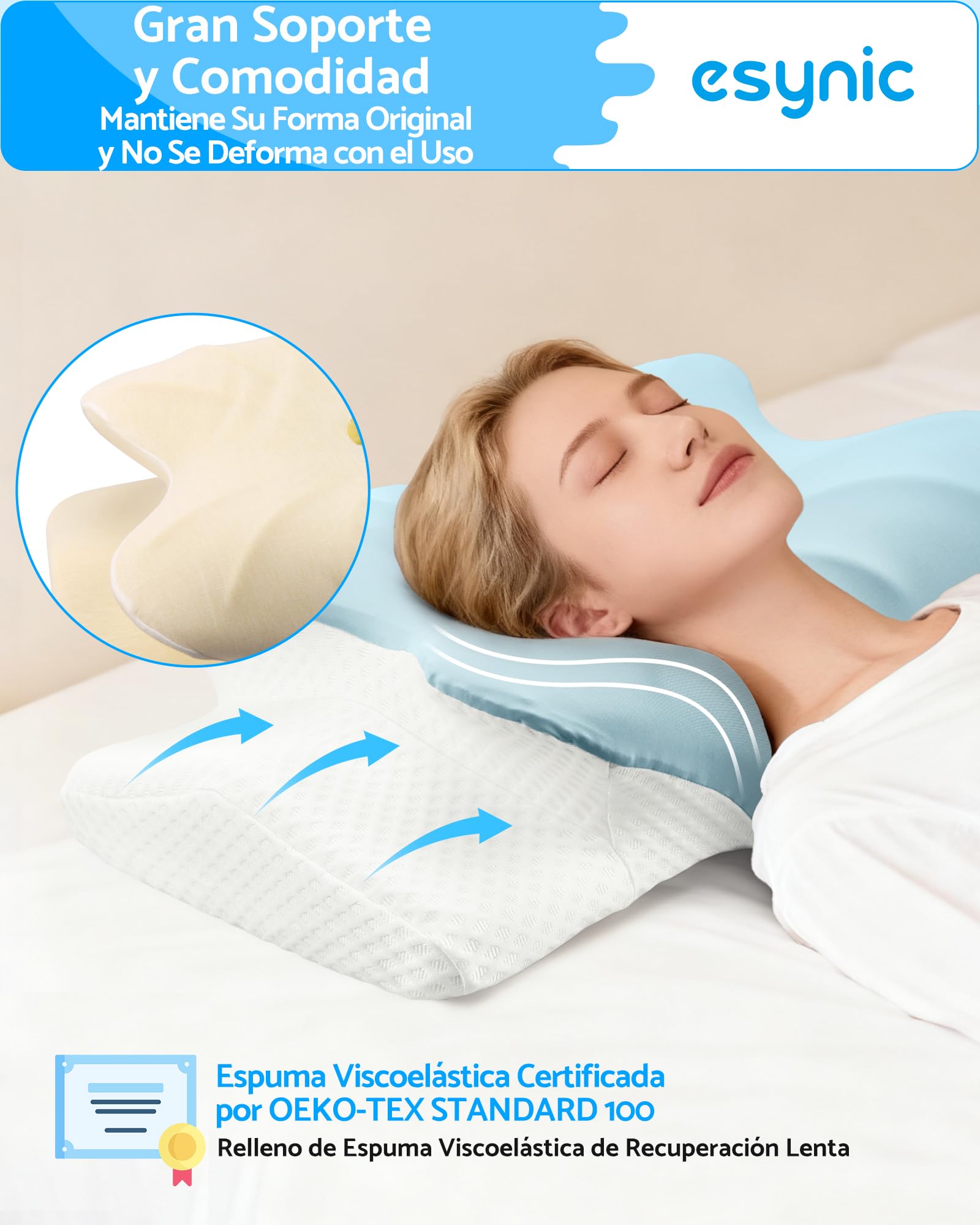 eSynic Almohada Viscoelástica Ergonómica para Cuello y Cervical Cojín Ortopédico de Espuma de Memoria con Doble Altura 11/13 cm Almohada para Dormir de Lado y Boca Arriba Funda Transpirable y Lavable