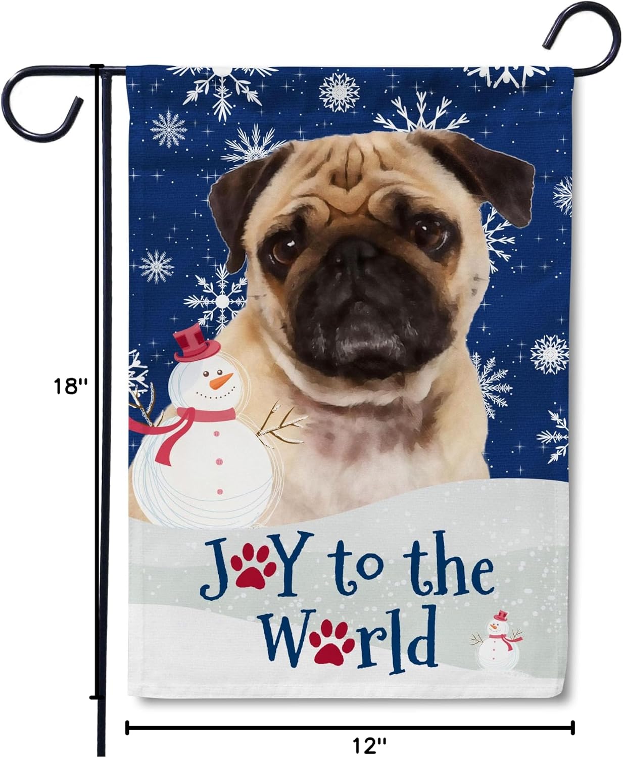 Flagology, Christmas Snowflakes Pug Garden Flag 12" x 18", Outdoor Flag, Exclusive Premium Fabric, Christmas Decor, Winter, Dog