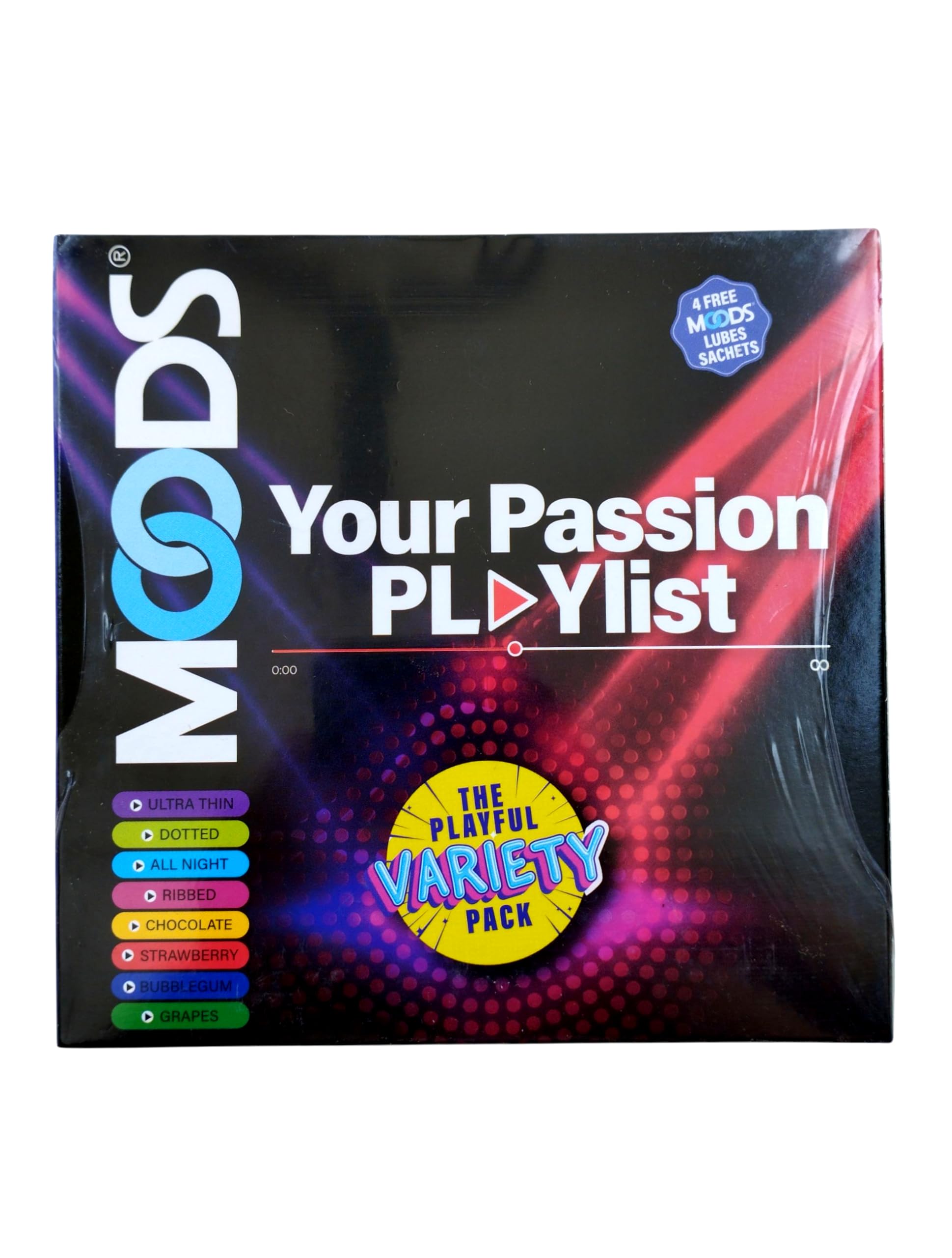 MOODS Variety Pack 32 Condoms | 8 free Lubes Sachets Pack of 2 | Honeymoon Combo Pack | Dotted | Ultra Thin | All Night | Ribbed |Chocolate | Strawberry | Bubblegum | Grapes-image-22