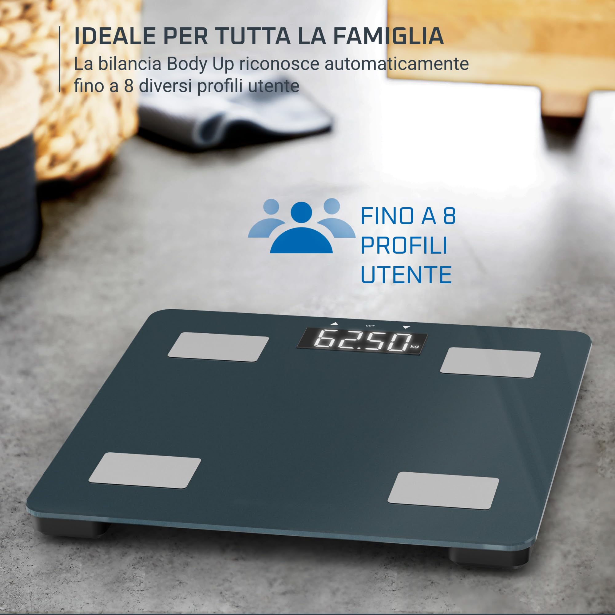 Rowenta Body Up 2.0, Bilancia con Schermo LED Facile da Leggere, Capacità 180 kg, Riconoscimento Automatico, Design Elegante, AutoAccensione e Spegnimento Automatico, Colore Trust Metal, BR2600