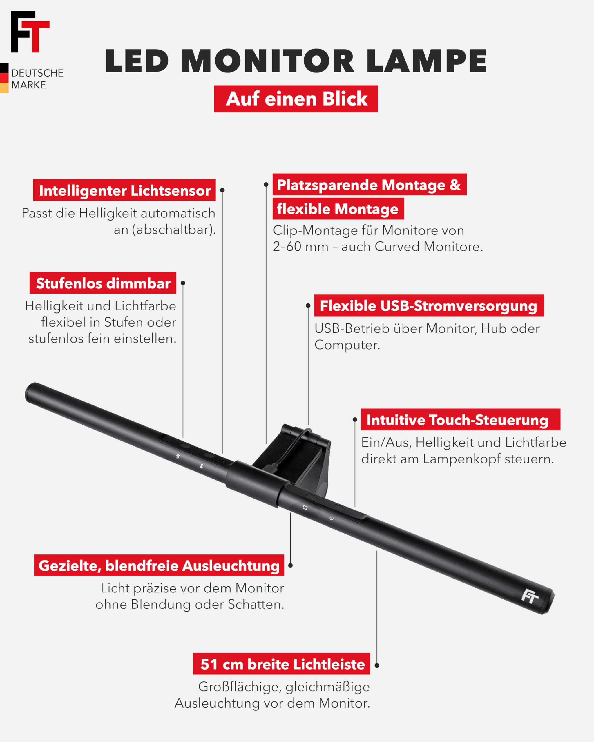 FeinTech LT750 LED Monitorlampe 51 cm USB Schreibtischlampe Lichtsensor Dimmbar Farbtemperatur Einstellbar Curved (ohne Fernbedienung)