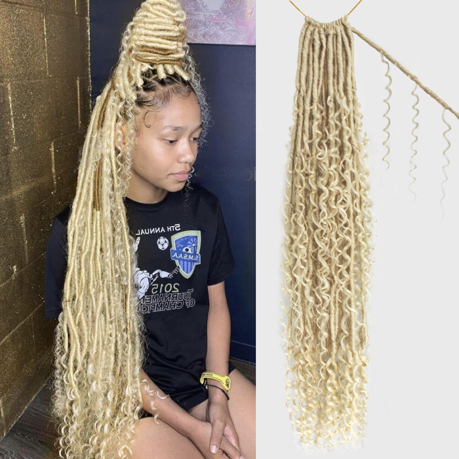 Boho Faux Locs Crochet Hair 30 Inch Goddess Locs 8 Packs Boho Soft Locs Crochet Hair with Curly Ends Pre-looped Long Bohemian River Locs Crochet Hair