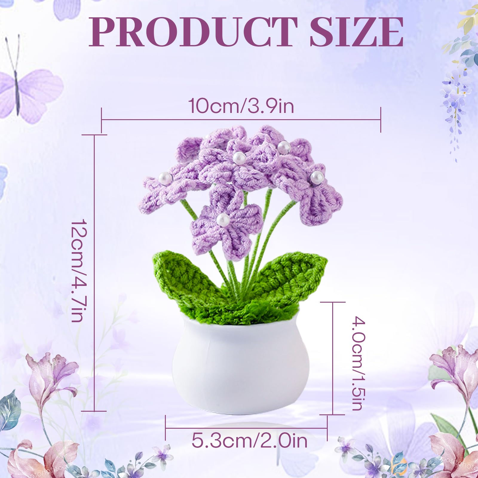 Fleur Crochet Tricotées Peluche Faites à Main Petites Plantes Pot pour Maison Bureau (Violet)