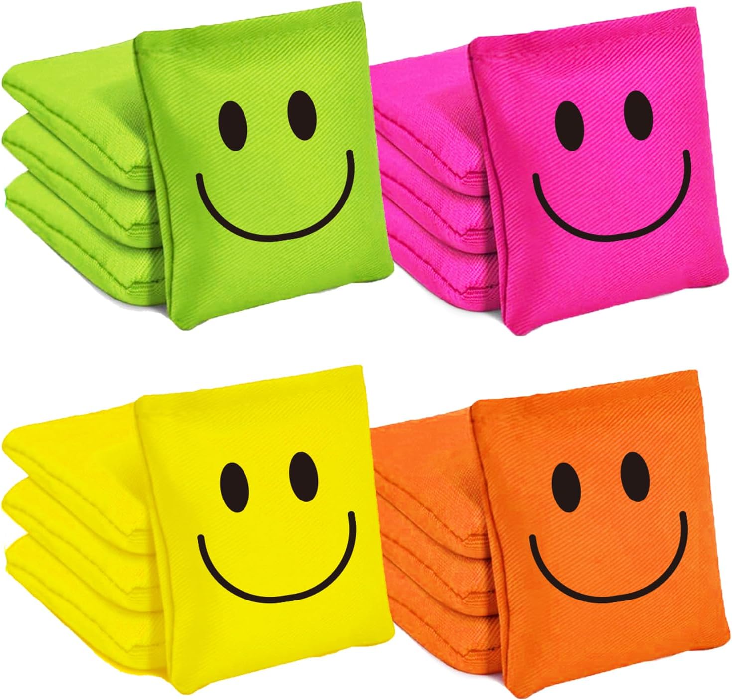 JarThenaAMCS 12 Pcs Neon Happy Face Bean Bags Green Pink Yellow Orange Cornhole Game Bags for Party Gathering Game Supplies