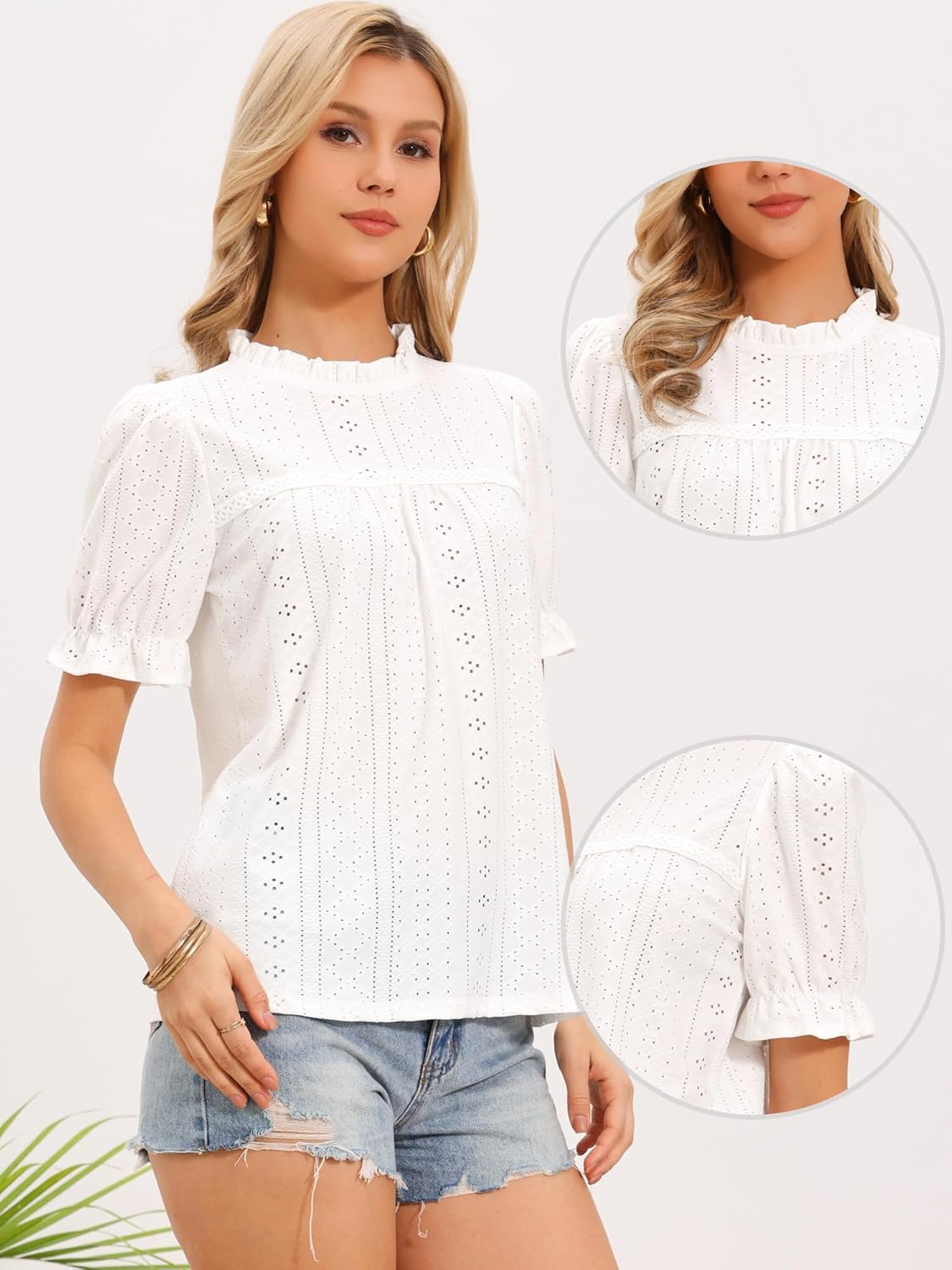 Allegra K Puff Sleeve Eyelet Tops for Women's Boho Casual Ruffled Collar Embroidered Blouse - Image 4