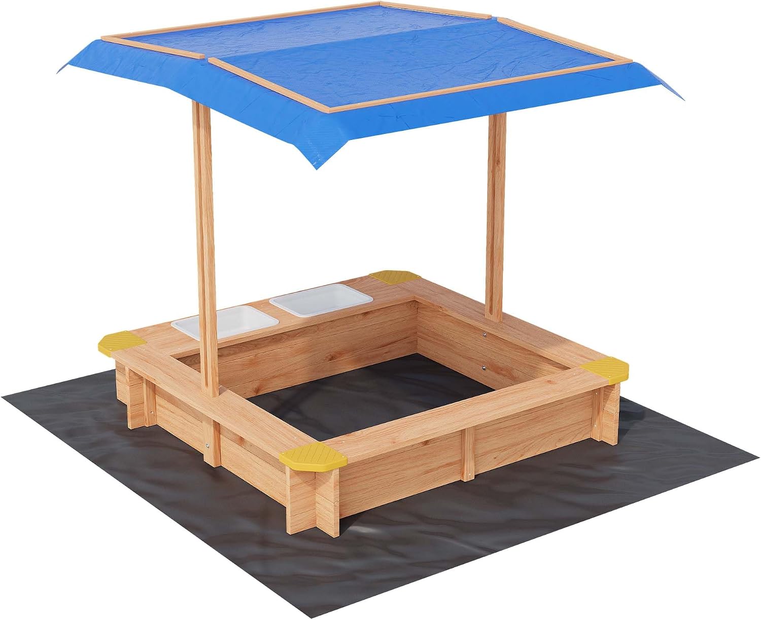 Wood Sandbox with Canopy, Outdoor Play Area with Side Buckets and Drainage Liner for Kids Ages 1-3, Sand Pit with Cover Bottom Liner for Backyard Garden Beach