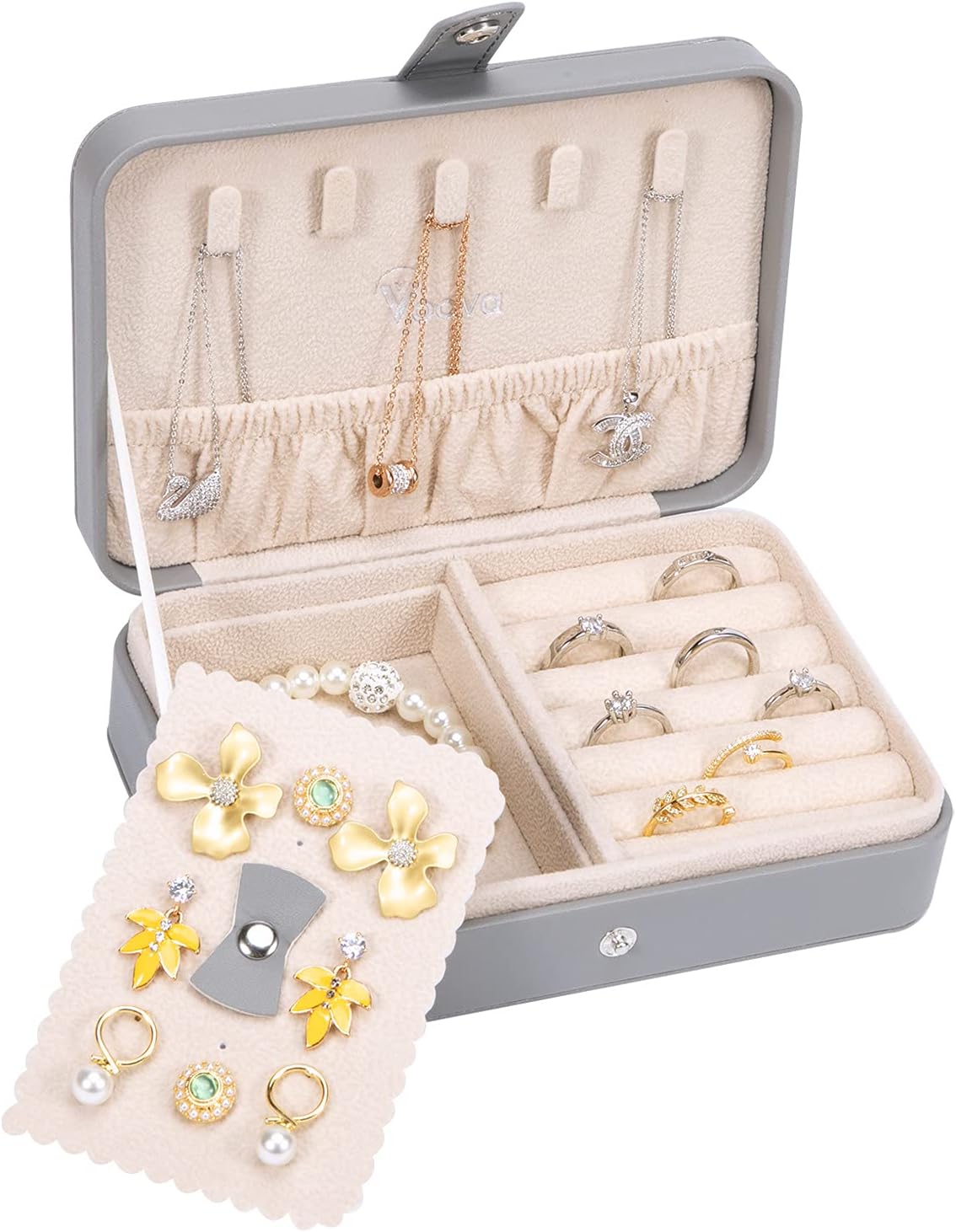 Voova Small Jewelry Organizer Box, Travel Jewelry Case for Women Teen Girls, Mini PU Leather Portable Jewellery Storage Boxes Holder with Smart Earrings Plate for Necklaces Rings Bracelets, Grey