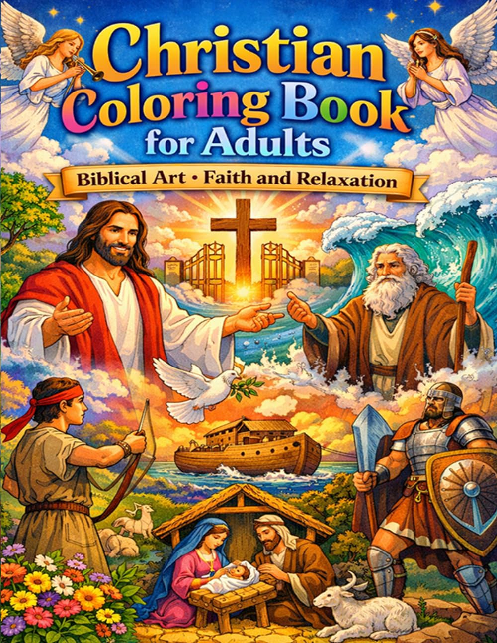 Christian Coloring Book for Adults Biblical Art Faith and Relaxation: Inspiring Bible Scenes Angels Jesus Moses and Peaceful Designs for Stress Relief