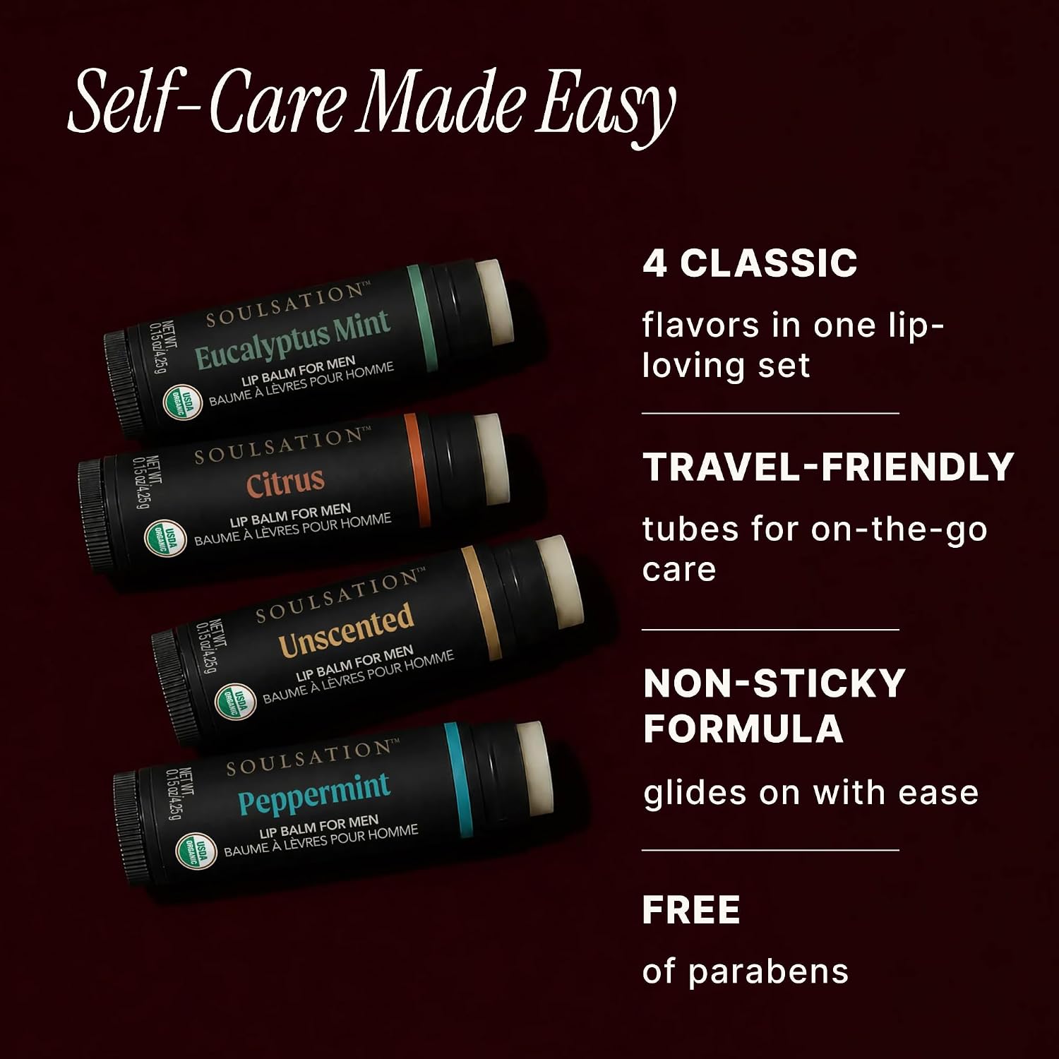 Soulsation Organic Lip Balm Set for Men,100% Natural for Dry Cracked Lips