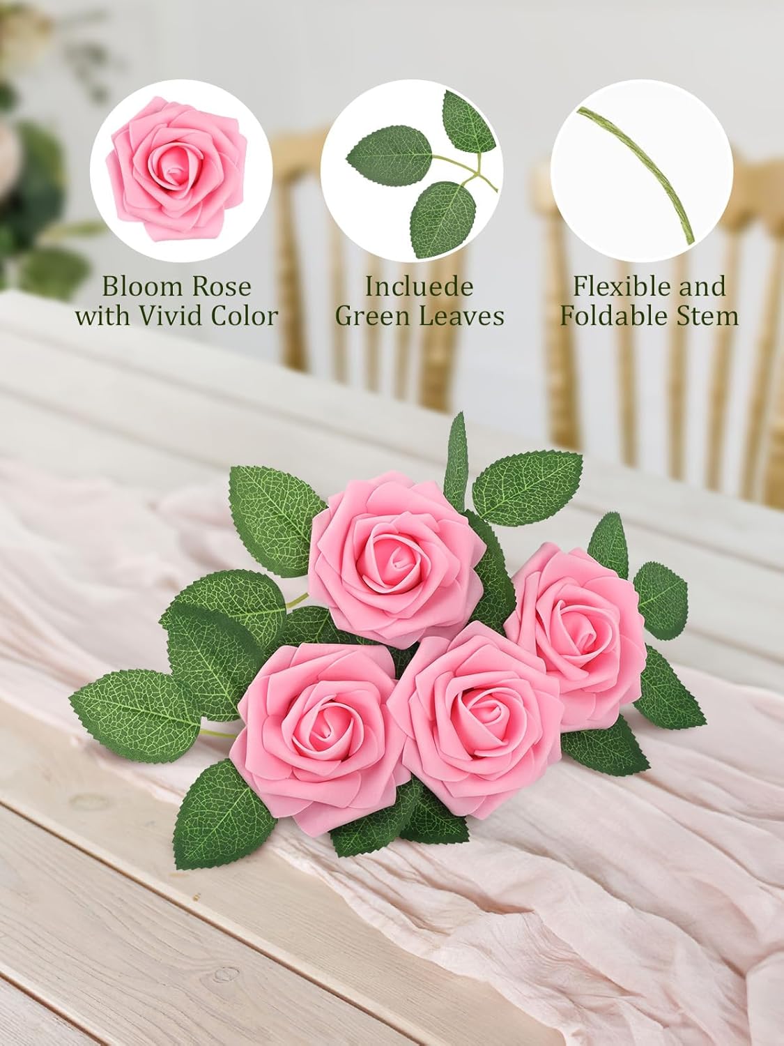 MACTING Pink Artificial Flower Roses 60PCS Real Touch Fake Flowers with Stem Foam Roses for DIY Wedding Bouquet Table Centerpieces Party Bridal Shower Birthday Home Spring Valentines Day Decorations