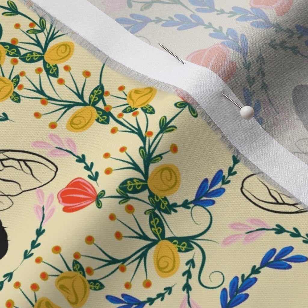 Spoonflower Fabric - Bee Garden Cream Insect Floral Flowers Print Black Red Printed on Organic Cotton Sateen Fabric by The Yard - Sewing Quilting Apparel Home Decor