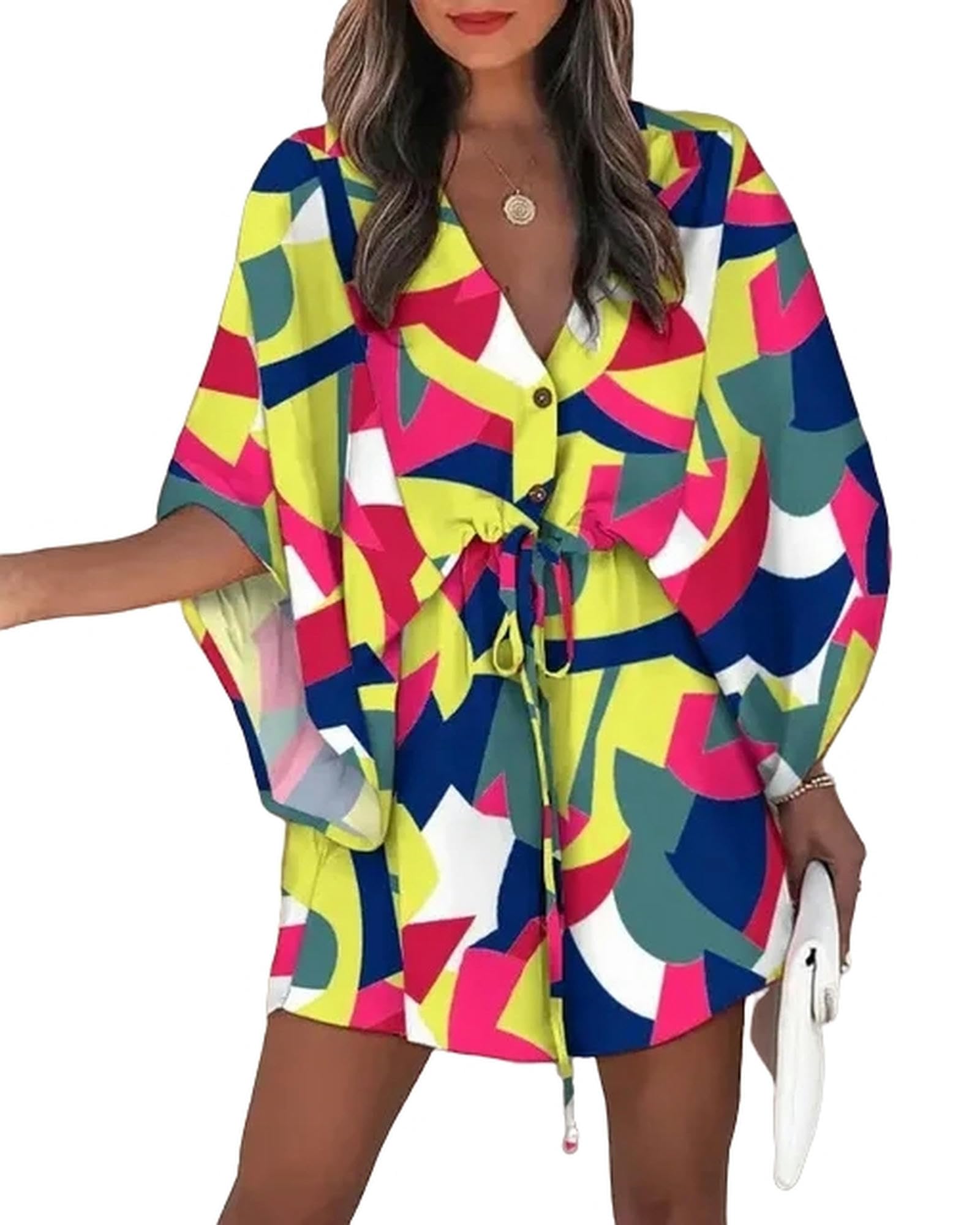 TEidea Vestiti Donna Maniche Volanti Estive da Donna V al Collo in Pizzo Stampare Mini Abito-l-l