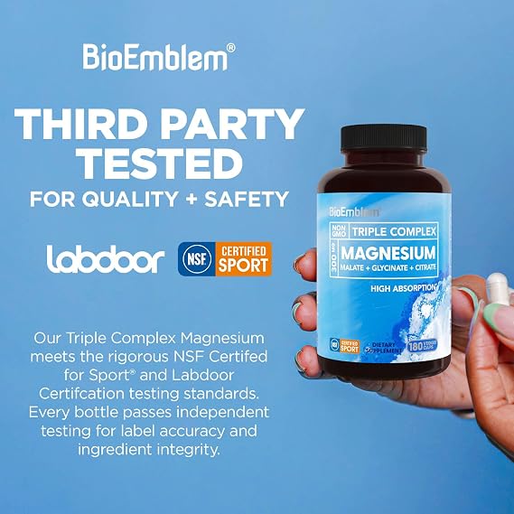 BioEmblem Triple Magnesium Complex | 300mg of Magnesium Glycinate, Malate, Citrate for Muscles, Nerves, Energy | High Absorption | Vegan, Non-GMO (180 Capsules) | Healthy Sleep Support, Magnesium Glycinate, Malate & Citrate, NSF & Labdoor Certified, High Absorption, Vegan, Non-GMO