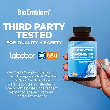 BioEmblem Triple Magnesium Complex | 300mg of Magnesium Glycinate, Malate, Citrate for Muscles, Nerves, Energy | High Absorption | Vegan, Non-GMO (180 Capsules) | Healthy Sleep Support, Magnesium Glycinate, Malate & Citrate, NSF & Labdoor Certified, High Absorption, Vegan, Non-GMO