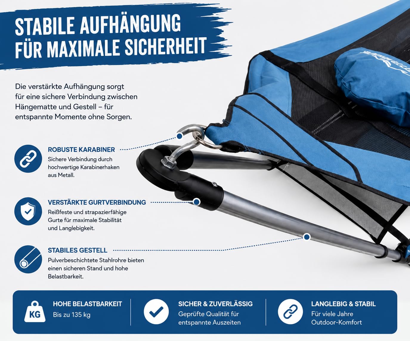 Camping Hängematte mit Gestell Klappbar bis 135 kg – Gartenhängematte Tragbar mit Kissen, Getränkehalter & Tasche – Outdoor Hängematte für Garten, Balkon, Terrasse, Camping & Reisen