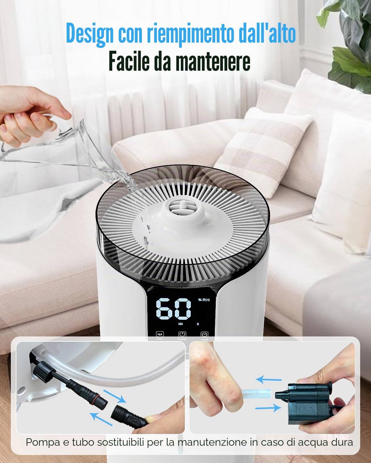 Umidificatori per grandi stanze di casa, 4,2 Gal/16 L silenziosi grandi umidificatori per tutta la casa 1000 mq, umidificatore da pavimento con riempimento superiore a nebbia fredda con vassoio per
