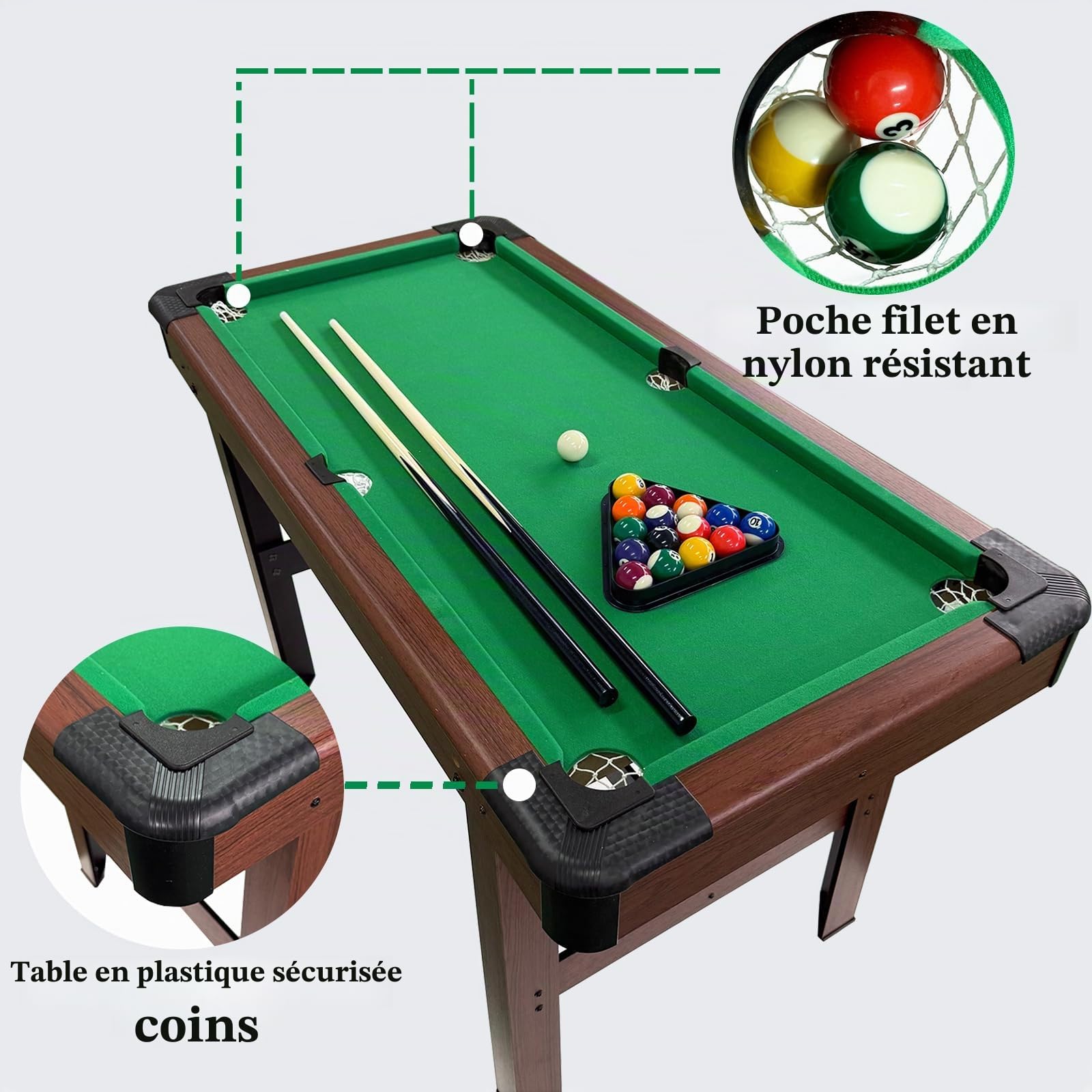 Table de billard FCOUMY de 1,22 m, table de billard en bois avec 16 balles, 2 queues, 2 craies, support à triangles et brosse, set de table de snooker pour enfants et adultes