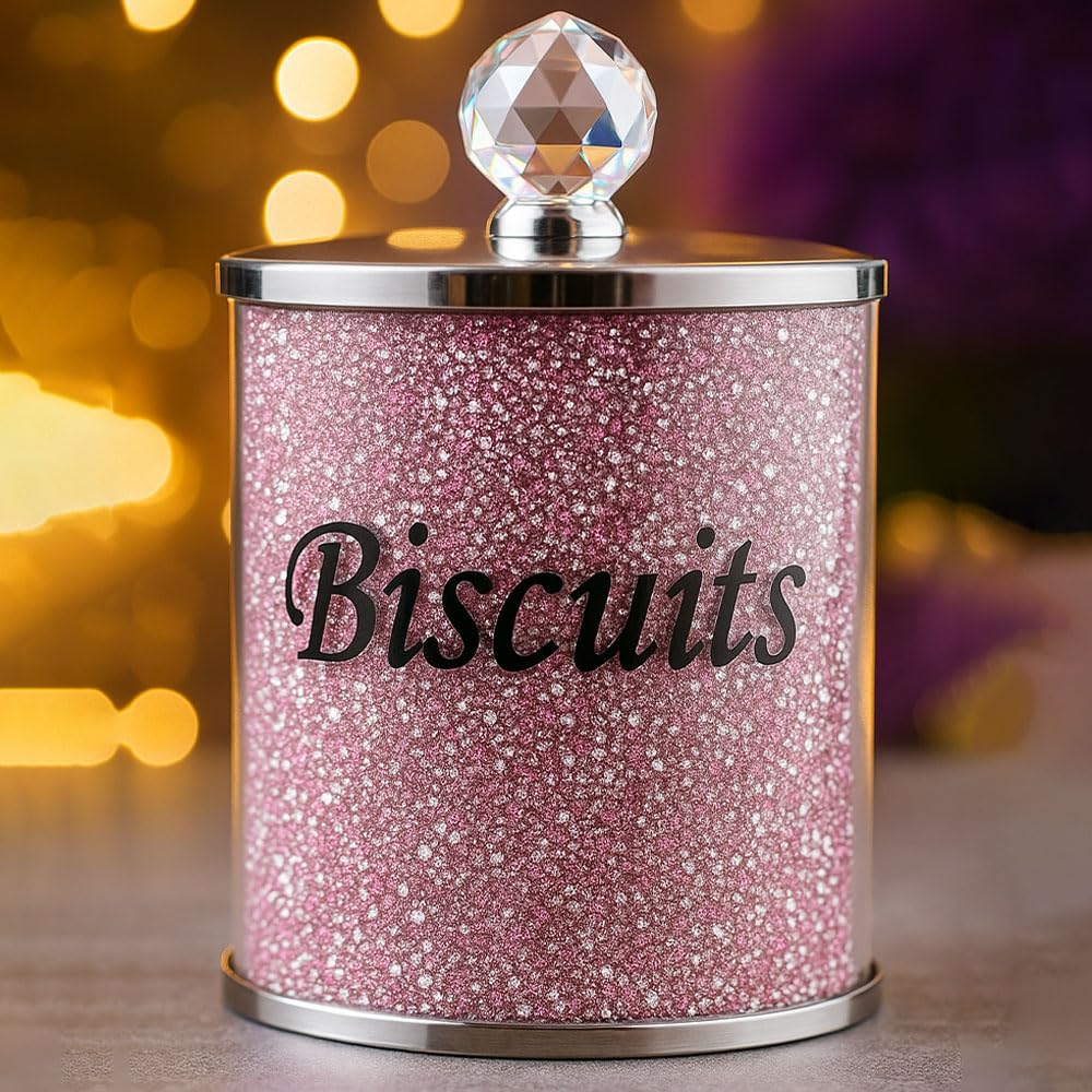 BML Pink Diamond Crushed Biscuit Canister Jar Tin Trimmings Crystal Filled Kitchen Storage Containers Gift Present For All Occasions Stylish Luxurious Home Decor