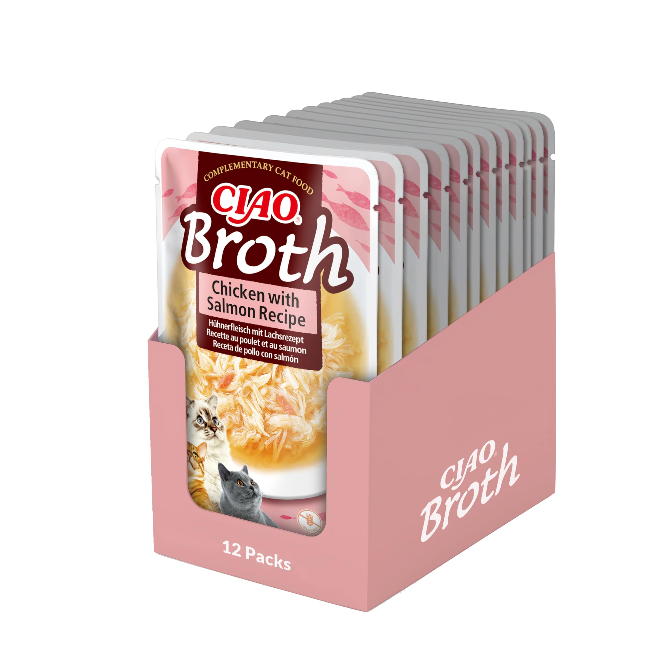 Ciao Broth by INABA Wet Cat Food - Chicken with Salmon - 12 Packs (480g total) / Moist Treat, Delicious & Healthy Snack, Food Topper, Side Dish, Complement, Natural, Grain Free, Wet Cat Food