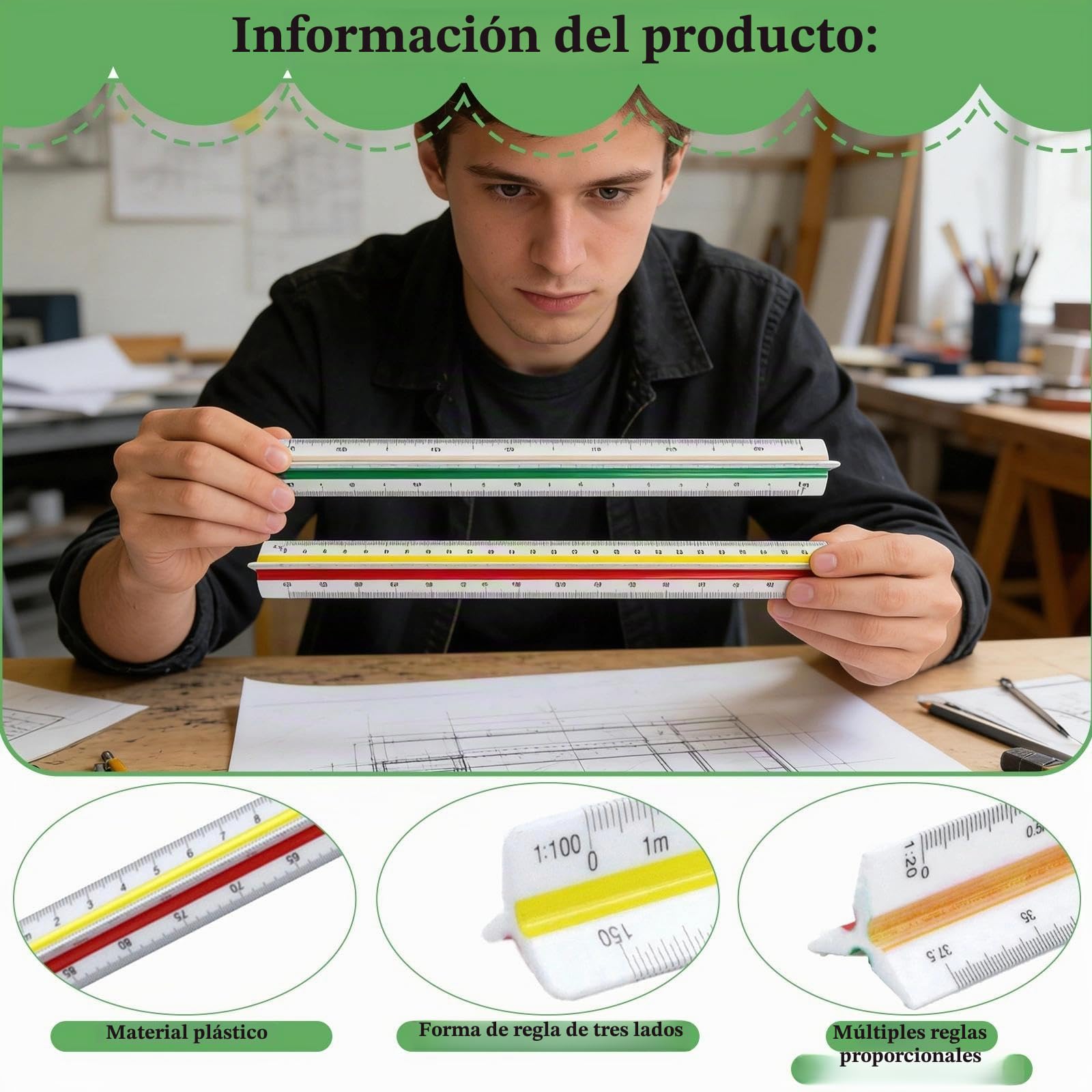 Profesional 2 Piezas Escalímetro de Precisión 30 cm Regla Métrica Triangular para Arquitectos Ingenieros1:20 1:25 1:50 1:75 1:100 1:125/1:100 1:200 1:250 1:300 1:400 1:500 (PVC)