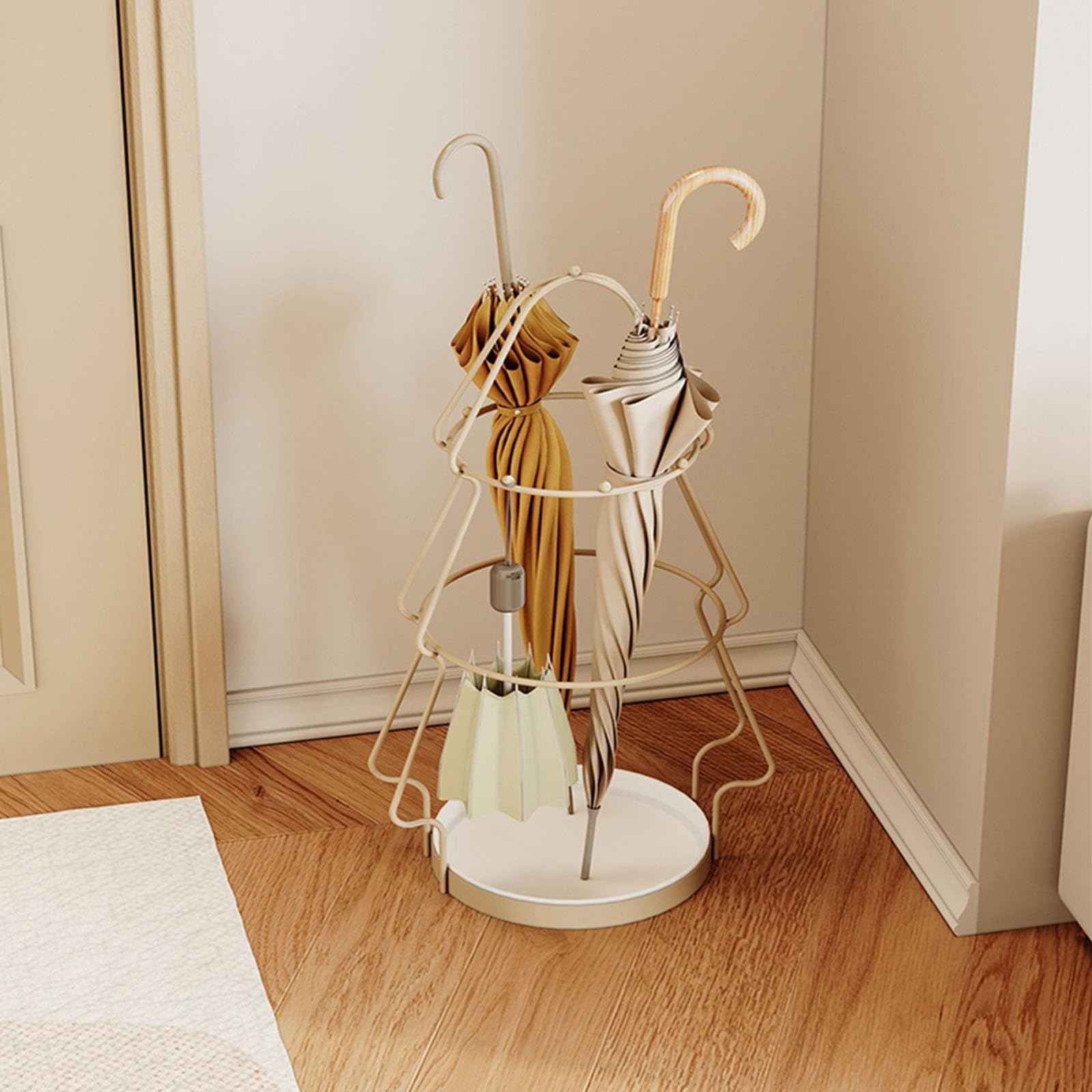 Schirmständer Moderner großer Schirmhalter, Schirmständer aus Metall mit Haken und einer unteren Ablage for Regenwasser, Aufbewahrung von Gehstöcken und Regenschirmen Regenschirmhalter(Beige)