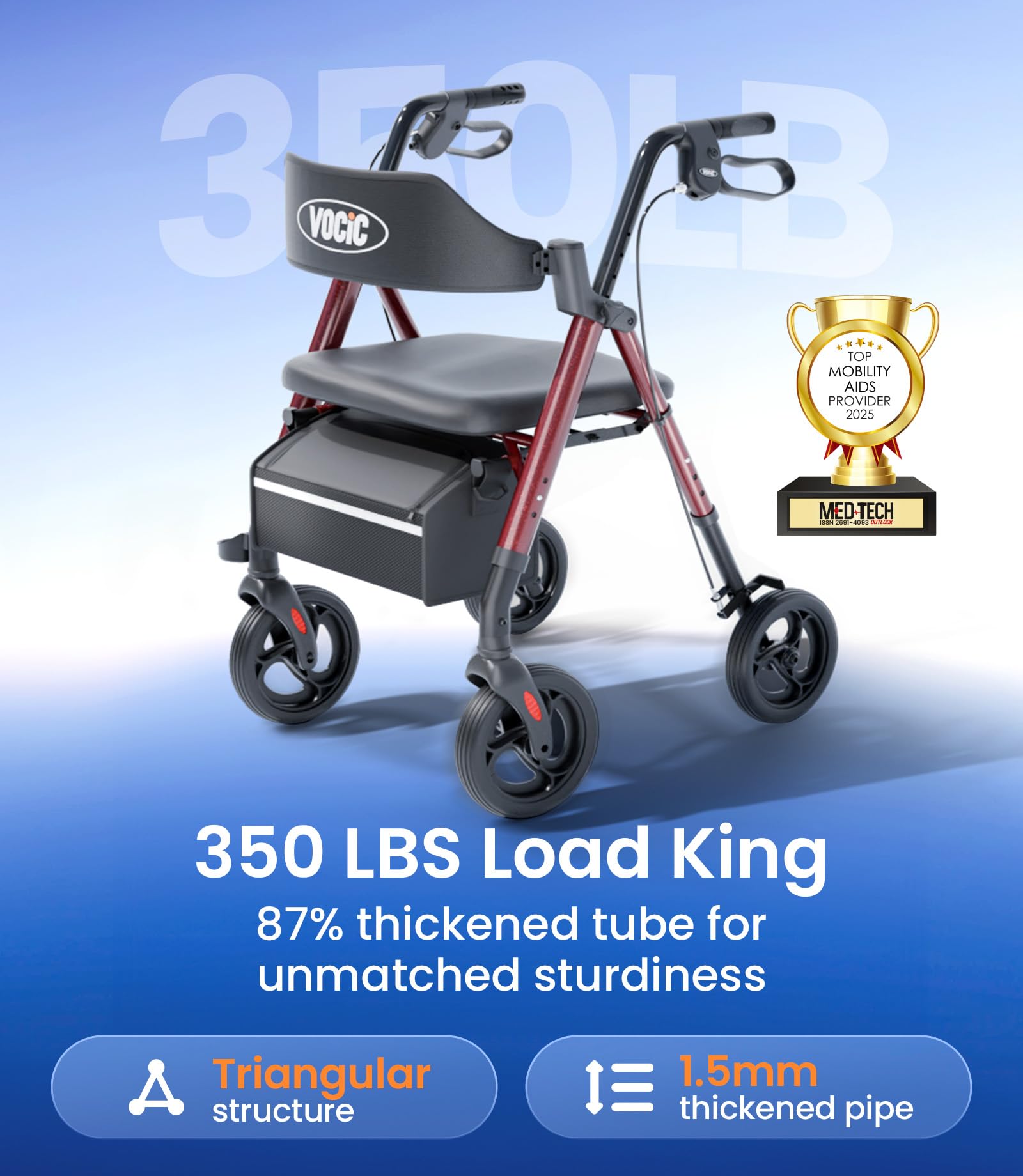 Walkers per anziani, deambulatore Z21 con supporti per sedili 158,8 kg, ruote grandi da 20,3 cm per tutti i terreni, sedile ergonomico ad arco e deambulatore pieghevole con schienale ultra da 15,2 cm
