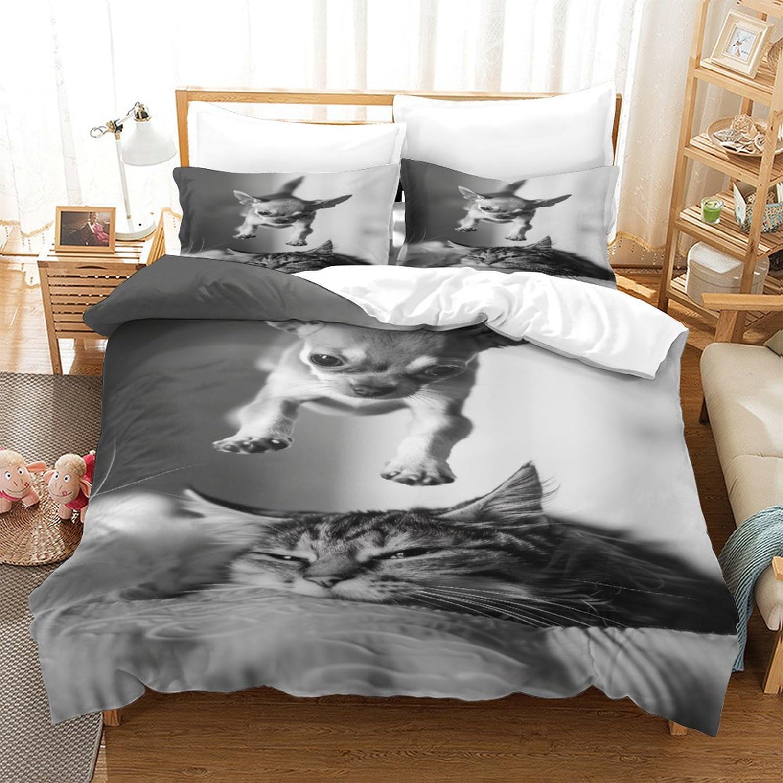 P1S9U7W5Y Monochrome Cat 3D Printed Duvet Cover Set 3pcs Microfiber Cartoon Cat Bedding Set Double（200x200cm）