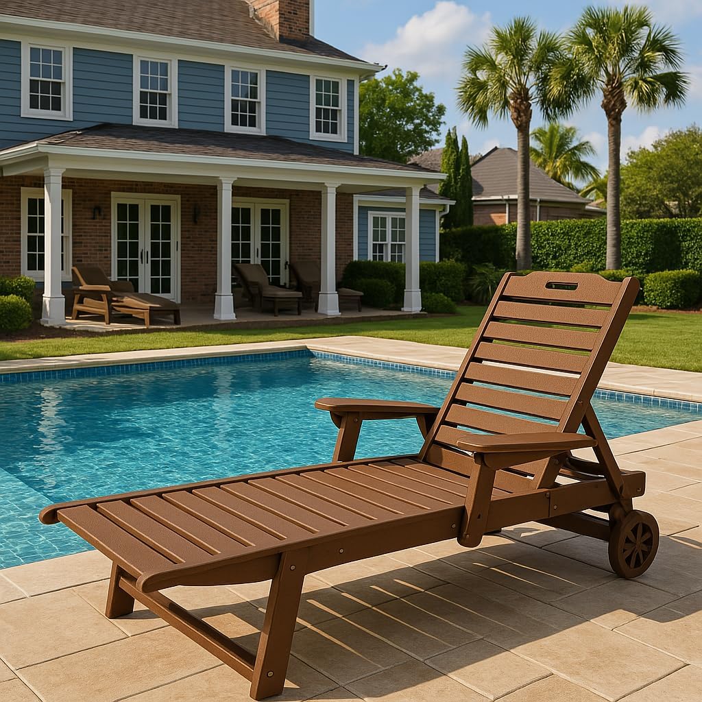 Lounge Chair Outdoor, 77" Patio Chaise Lounge Chair with 5 Positions, HDPE Adjustable Backrest, with Wheels & Cup Holder for Pool, Deck, Poolside, Teak