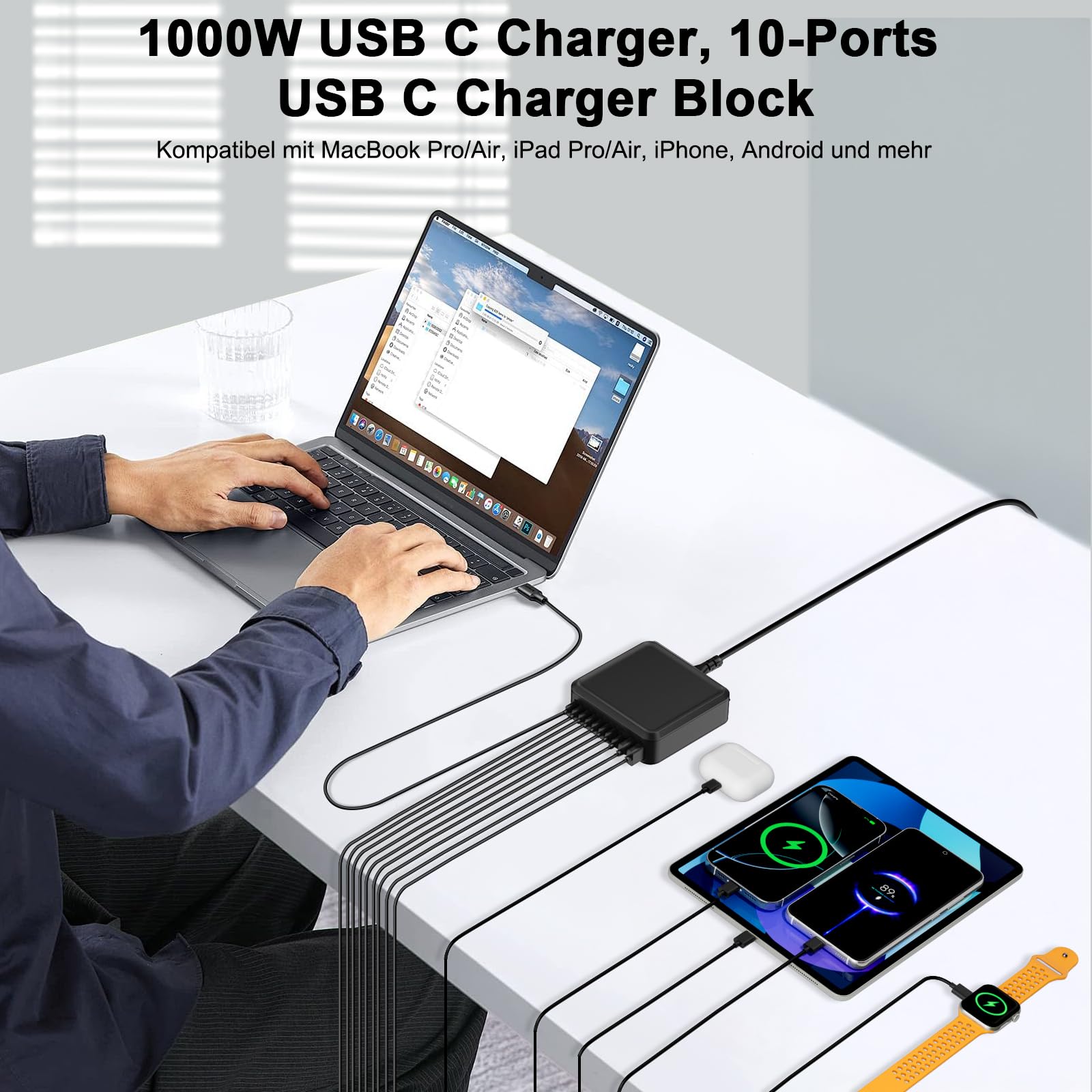 1000W USB C Ladegerät Mehrfach, GaN V 10 Ports USB Ladegerät Mehrfach, 1000W 10-Port Schnellladegerät Kompatibel mit MacBook Pro/Air, iPad Pro/Air, iPhone, Android etc