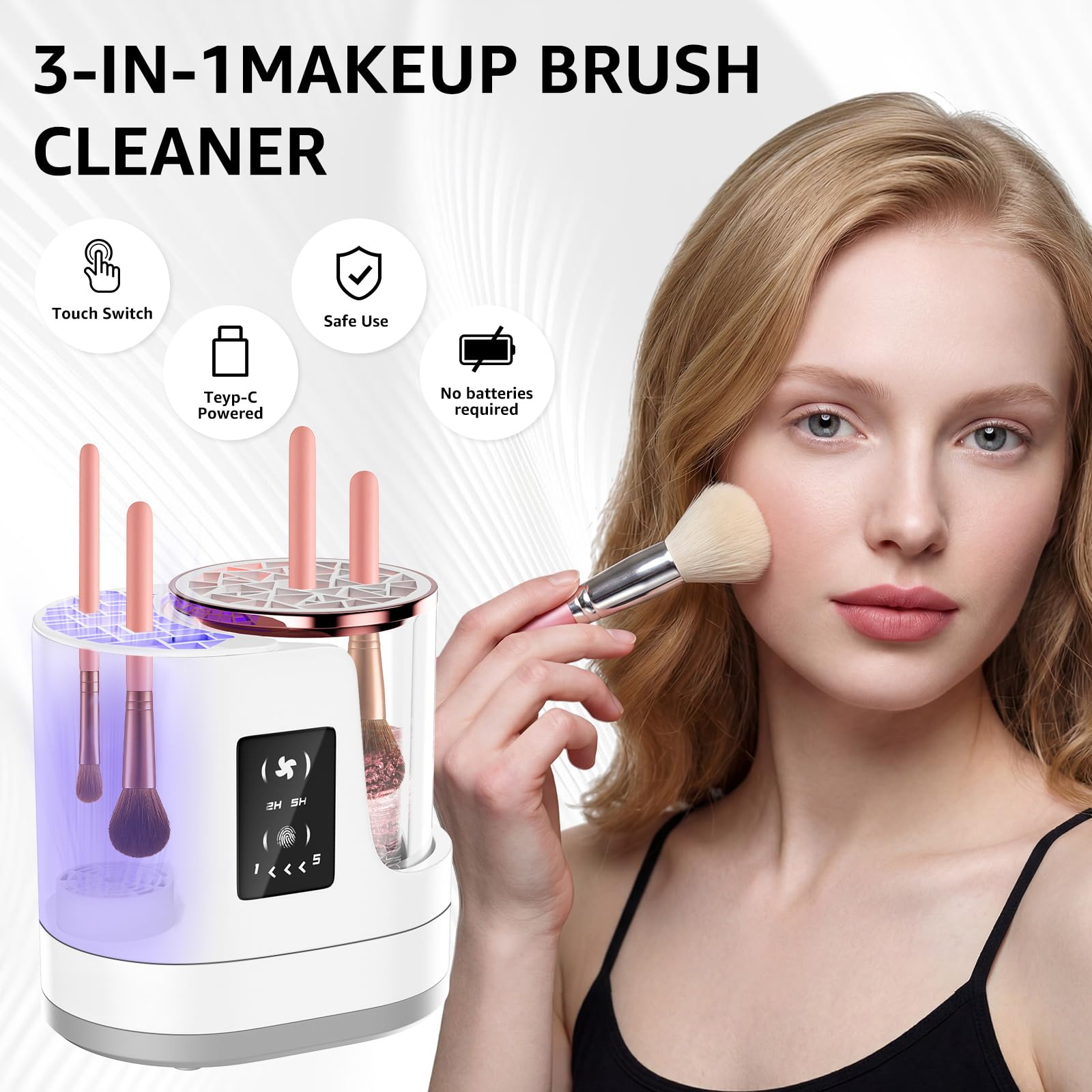 Nettoyeur et séchoir électrique 3 en 1 pour pinceaux de maquillage, machine de nettoyage automatique de pinceaux avec nettoyage en profondeur double direction et séchage réglable, outil cosmétique